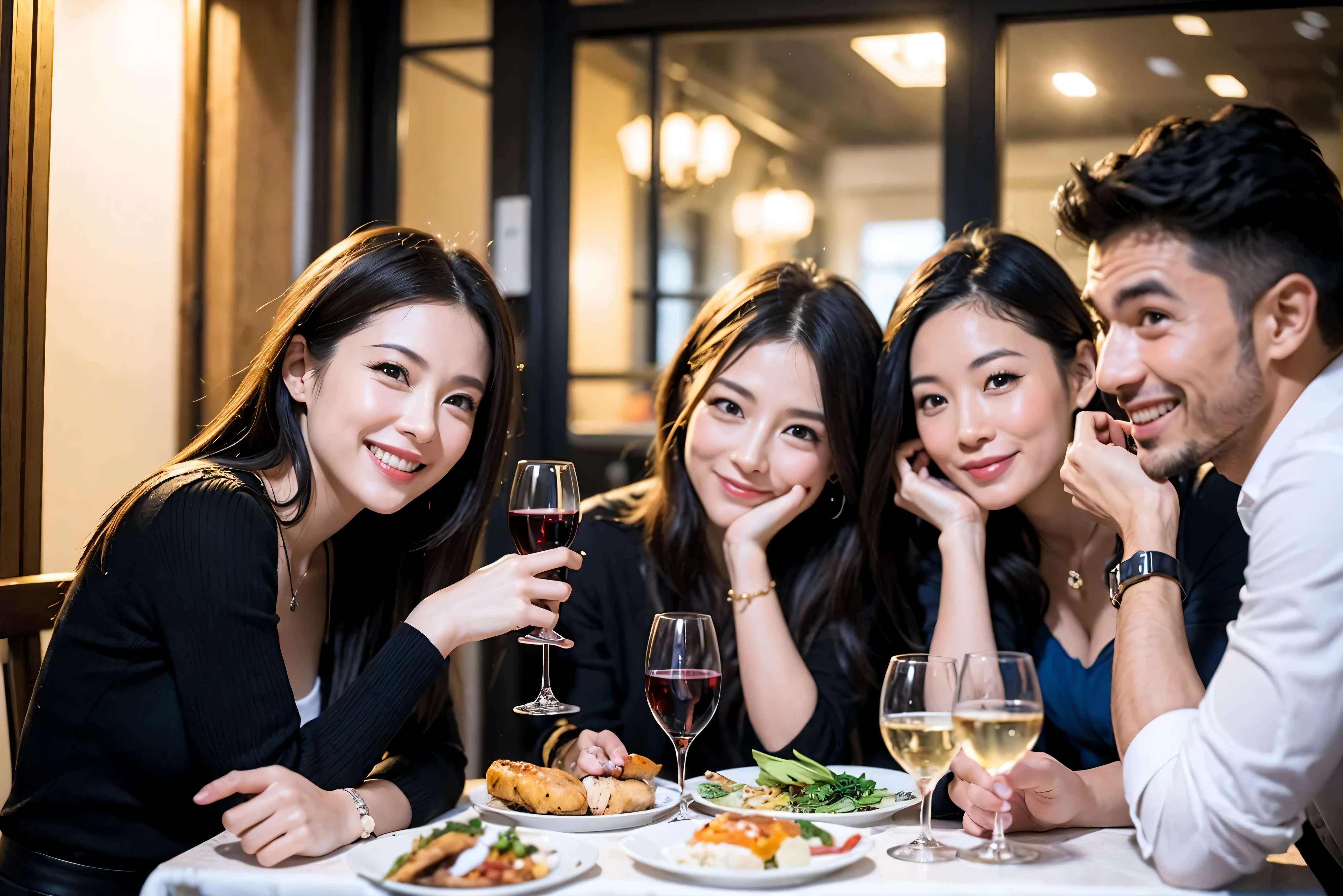 64k, UHD, highest quality, masterpiece: 1.2), (realistic, photorealistic: 1.37), Super detailed, celebration party、beauty、charm、beautiful mature woman、3 women who love wine、three men、champagne、Sparkling wine、luxury hotel、winter night、restaurantでワイン宴会、(slimな男女4名),(Wine party for 5 people)、(slimフェイス),Happy、 最高なsmile、Fox Face、Berry Short、(because I'thin), (brown hair), (shortcut), long sleeve shirt、winter fashion、Colombia、Brazilian、Japanese、Dutch、German、Portuguese、Belgian、Italian、french, (gushing), (slimボティ), 端正なbeauty、cheeks blush a little, (41 years old), 38 years old, 35 years old、32 years old、 43 years old、A beautiful and detailed night view spreads out outside the window........, restaurant, wine glassが座っている, At night, in a prominent place (from the Upper body) nova frog style, actress, model, Upper body, White wine, slim, wine glass, very beautiful night view, wine glass Put in the Middle, Happy smile, (smile: 1.15),