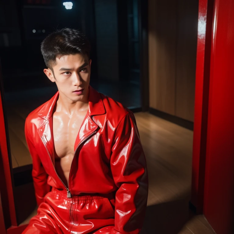 Japan man,man,youth,Best quality, crisp quality, Masterpiece, Highest resolution, Highly detailed, Red latex jumpsuit, love heart,chest muscle,Full-body muscular figure,night club,mtu