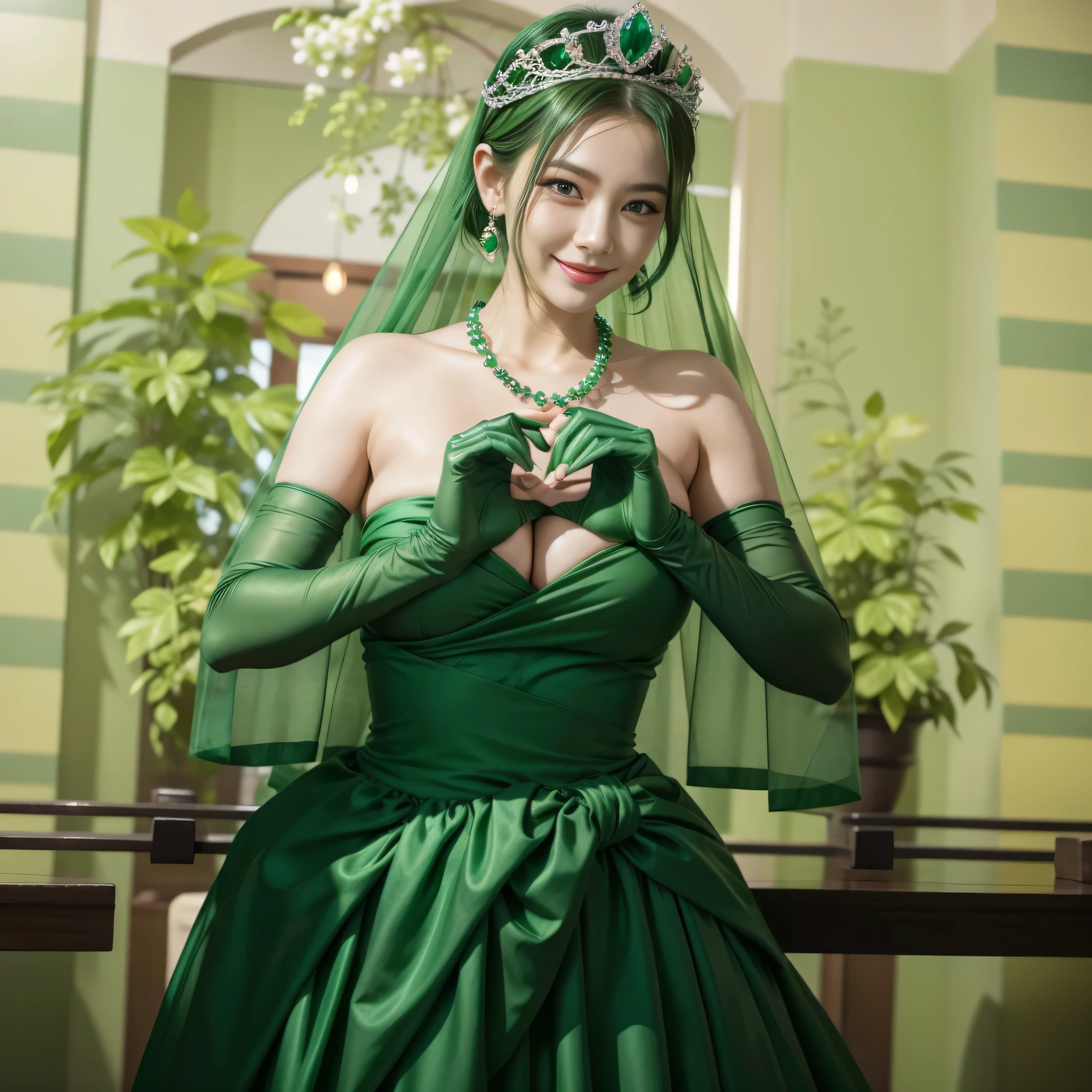 emerald tiara, green pearl necklace, ボーイッシュな非常に短いgreen hair, lipstick, smiling Japanese woman, very short hair, Beauty with large breasts, green eyes, Long Green Satin Gloves, green eyes, emerald earrings, green veil, heart with both hands, green hair, beautiful japanese woman, heart shaped hand:1.3, green lip gloss