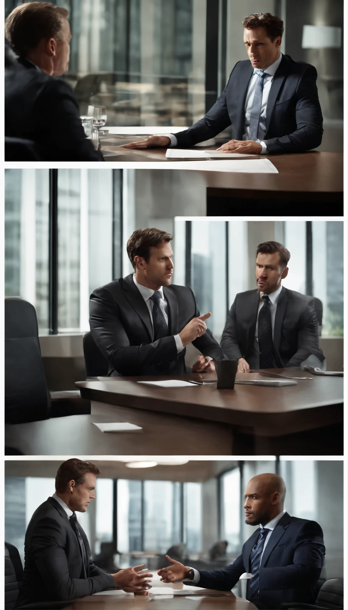 "AI, create a realistic photo capturing a heated argument between two businessmen in a professional setting. The image should feature two well-dressed individuals engaged in a passionate discussion, with gesturing and intense facial expressions conveying their disagreement. Show the setting as a modern office environment with a boardroom table or office desk, emphasizing the seriousness and tension of the confrontation. The body language and facial expressions of the businessmen should convey the intensity of their disagreement, while maintaining a professional demeanor."