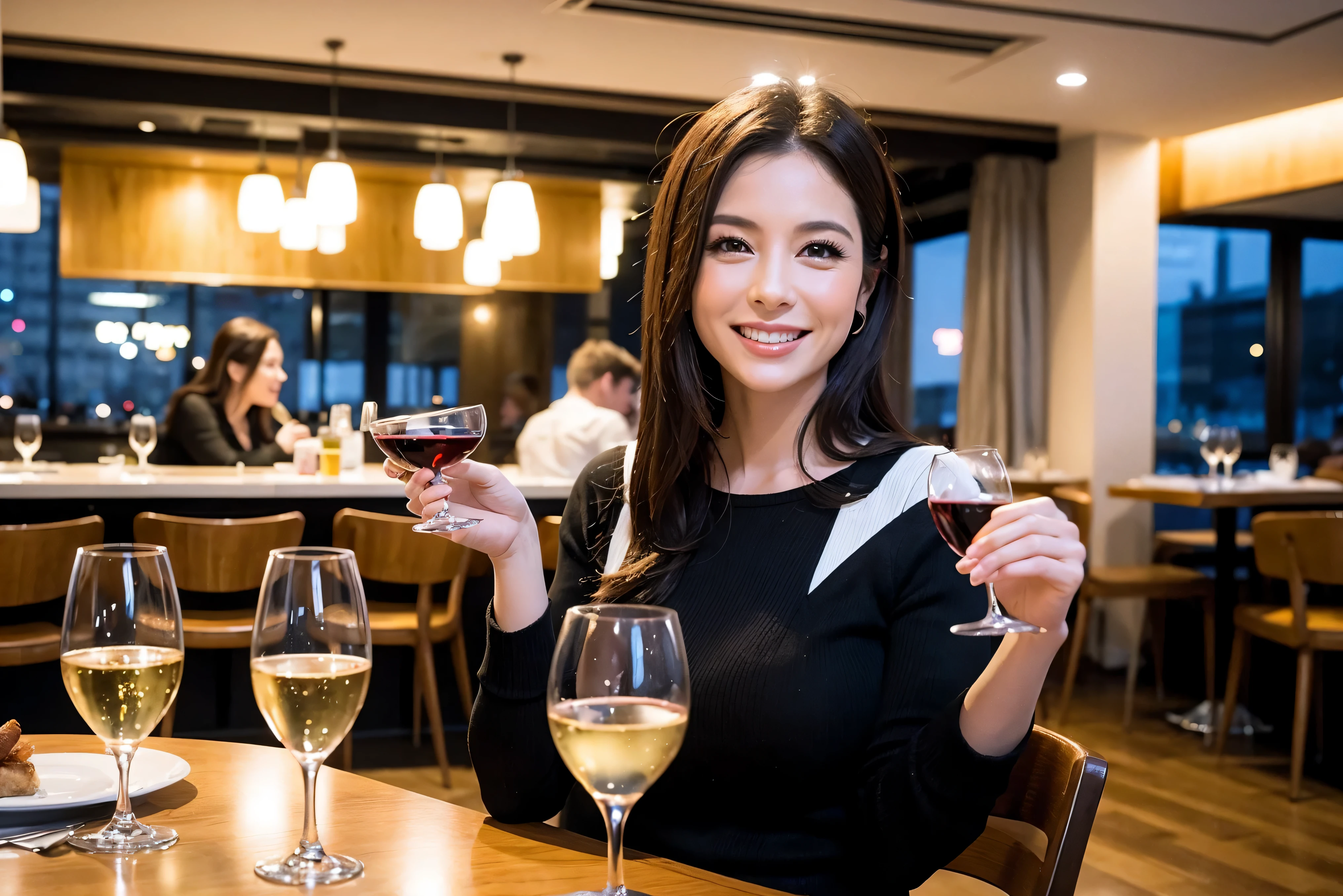 64k, UHD, highest quality, masterpiece: 1.2), (realistic, photorealistic: 1.37), Super detailed, celebration party、beauty、Charm、beautiful mature woman、3 women who love wine、three men、luxury hotel、champagne、Sparkling wine、winter night、restaurantでワイン宴会、(slimな男女4名),(Wine party for 5 people)、(slimフェイス),Happy、 最高なsmile、Fox Face、Berry Short、(because I&#39;thin), (brown hair), (shortcut), long sleeve shirt、winter fashion、Colombia、Brazilian、Japanese、Dutch、German、Portuguese、Belgian、Italian、french, (gushing), (slimボティ), (brown hair), (shortcut), 端正なbeauty、cheeks blush a little, (41 years old), 38 years old, 35 years old、32 years old、 A beautiful and detailed night view spreads out outside the window........, restaurant, wine glassが座っている, At night, in a prominent place (from the Upper body) nova frog style, actress, model, Upper body, White wine, slim, wine glass, very beautiful night view, wine glass Put in the Middle, Happy smile, (smile: 1.15), 