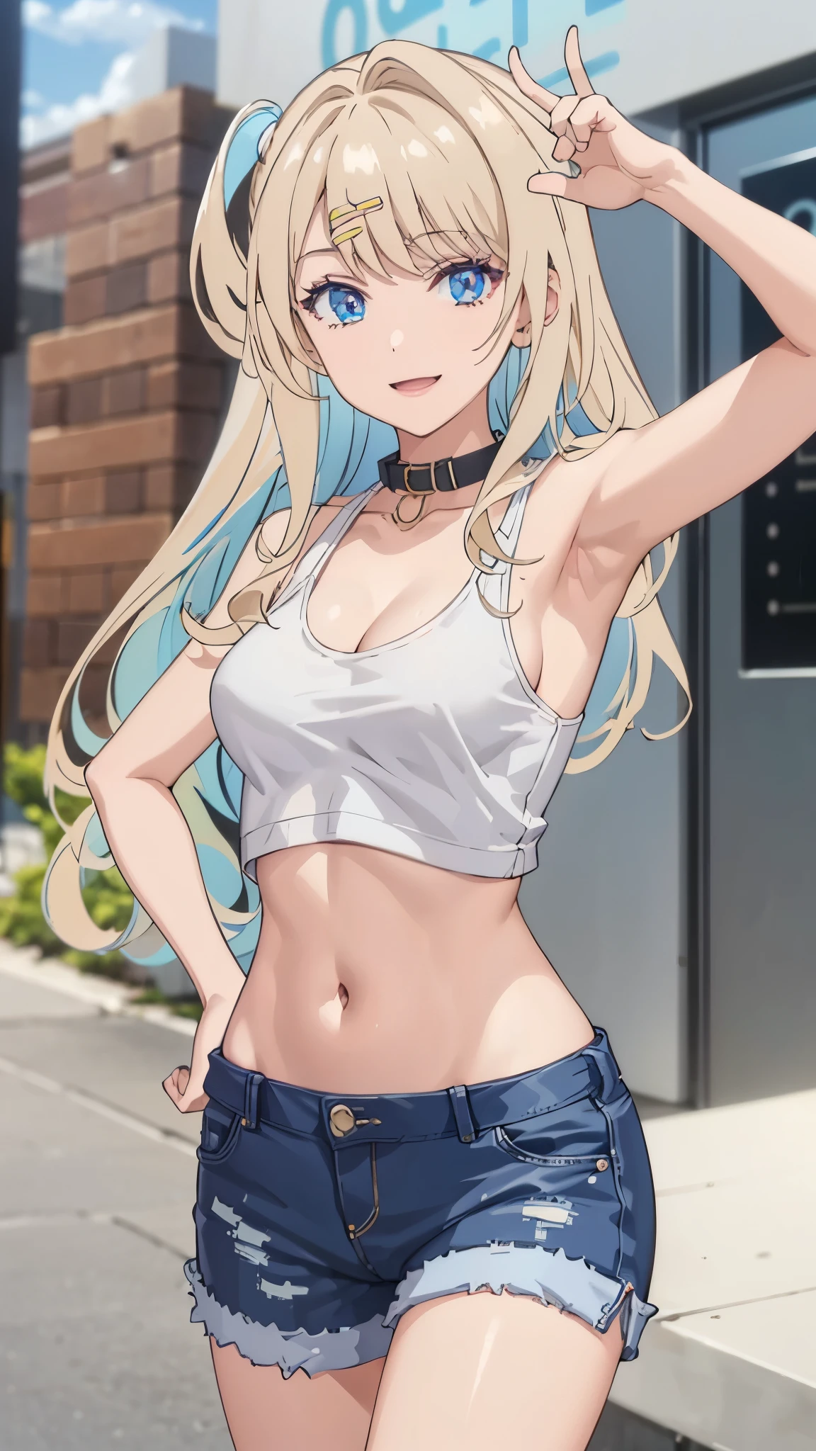 masterpiece, highres, solo, 8k, detailed, perfect face, (ultra high quality), looking viewers, collar bones, medium breast, navel, stomach, belly, armpit, sideboobs, blonde hair, blue eyes, slim body, smile, crop tanktop, denim short, mini short , blush