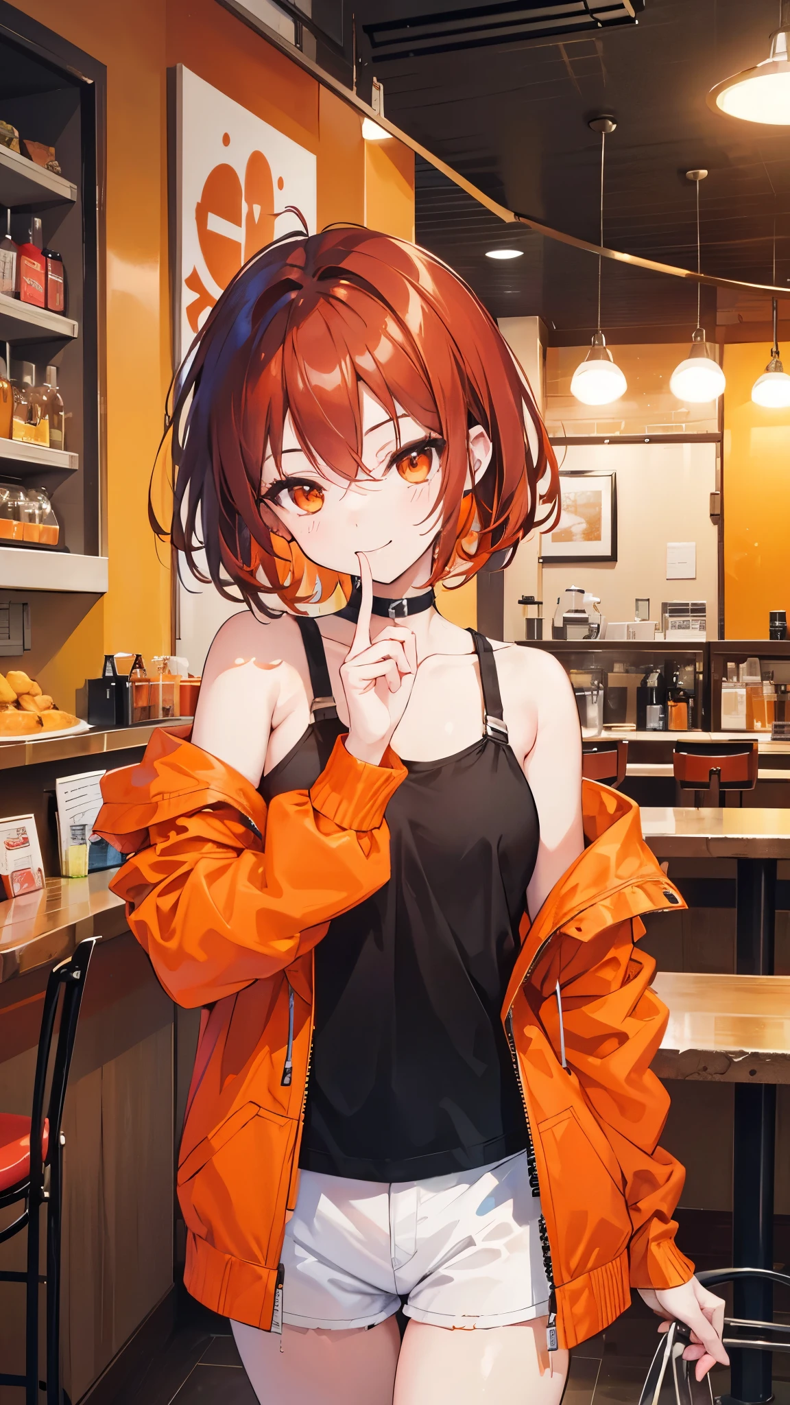A teenage girl in an orange jacket, black tank top, white shorts, short red hair, orange eyes, cute pose, smiling, black barret, mature body, medium chest, cafe restaurant, looking at viewer, high quality. 