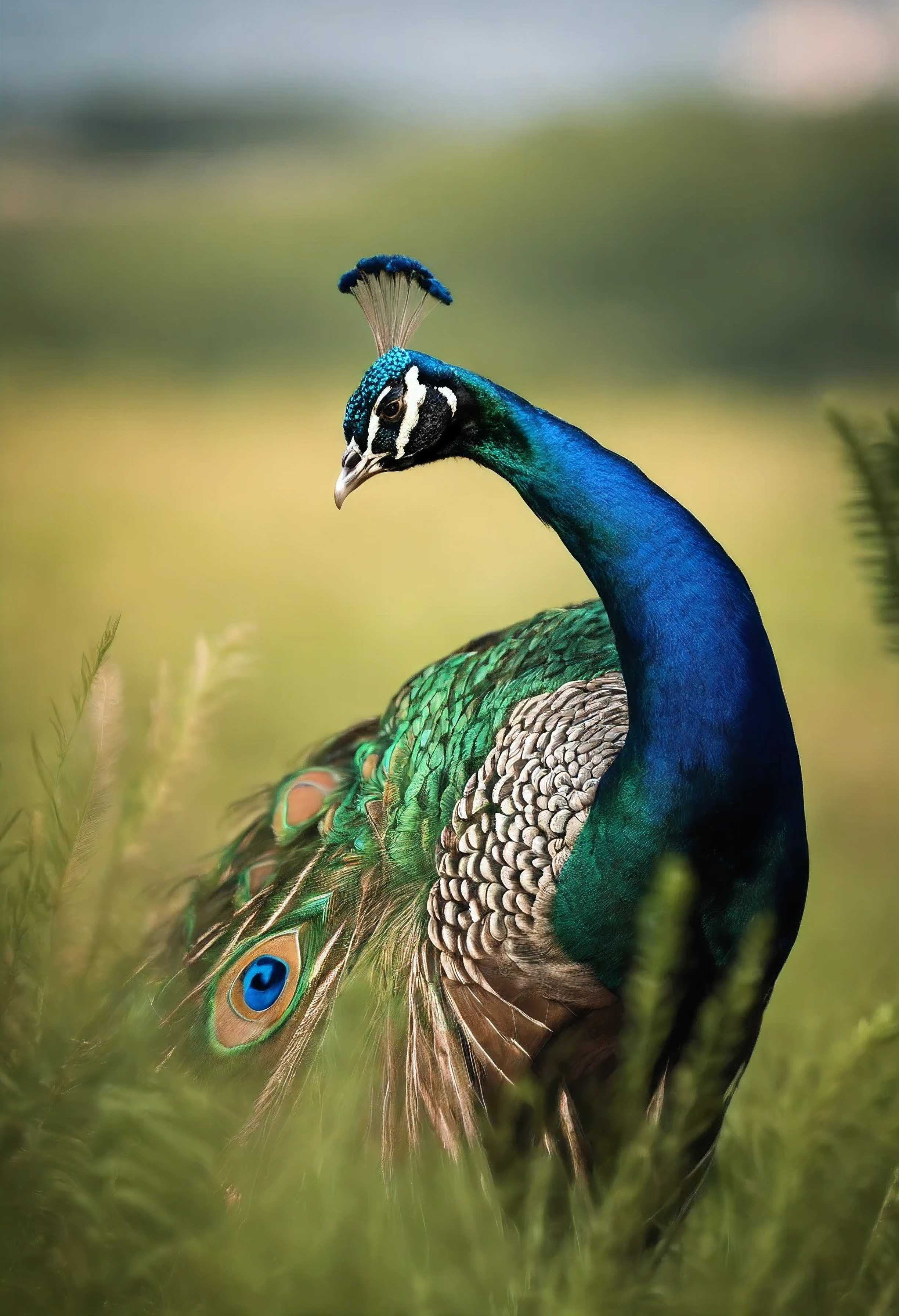 A male peacock stands gracefully in the middle of a green field, The soft afternoon sun shines on the iridescent green feathers.. Its shimmering light reflects the light and makes it look like a precious jewel.. Oblong peacock., Slowly flowing tail feathers, Revealing complex patterns. Consists of bright blue, Emerald Green, Light purple, Golden Yellow, And brown, The peacock's bright blue eyes stare at a female peacock not far away..

It began to dance its tail.. Long tail feathers flutter in the wind. Reflect the sun until it sparkles. The male peacock also spun around., Stretching the neck up high, And raise the tail, show off a beautiful pattern.. Cries rumbled across the grass..

The female peacock looks at the male peacock with attention. He slowly walked towards him., Admire the beauty of the touchy tail feathers.. A male peacock who dances with his tail even more loudly. Rotate around the woman like an elegant dancer..

The sun hits the peacock's tail feathers. As a result, a stunningly beautiful picture is obtained.. Colorful fur contrasts with a bright blue sky.. And the green meadow is an impressive sight..

The male peacock continues to dance using the tail until the female agrees to mate.. This is an amazing nature that demonstrates the power of love and beauty..