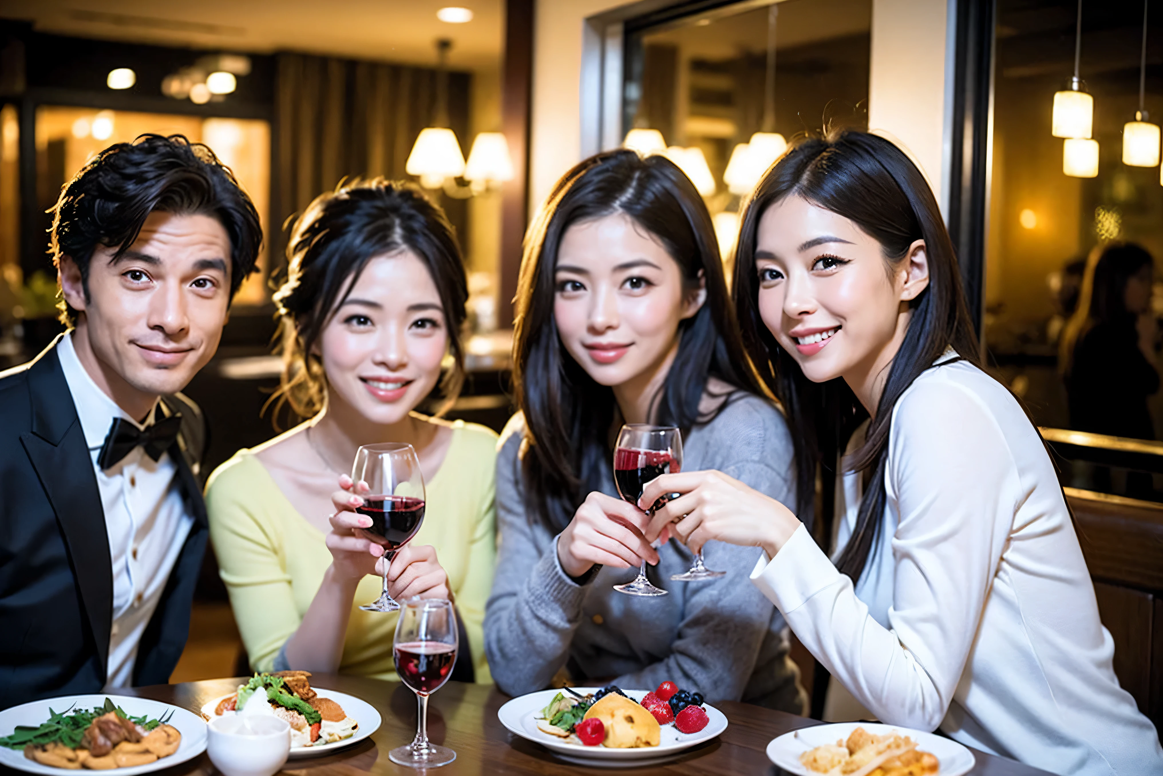 64k, UHD, highest quality, masterpiece: 1.2), (realistic, photorealistic: 1.37), Super detailed, celebration party、beauty、Charm、beautiful mature woman、3 women who love wine、three men、luxury hotel、champagne、Sparkling wine、winter night、restaurantでワイン宴会、(slimな男女4名),(Wine party for 5 people)、(slimフェイス),Happy、 最高なsmile、Fox Face、Berry Short、(because I'thin), (brown hair), (shortcut), long sleeve shirt、winter fashion、Colombia、Brazilian、Japanese、Dutch、German、Portuguese、Belgian、Italian、french, (gushing), (slimボティ), (brown hair), (shortcut), 端正なbeauty、cheeks blush a little, (41 years old), 38 years old, 35 years old、32 years old、 A beautiful and detailed night view spreads out outside the window........, restaurant, wine glassが座っている, At night, in a prominent place (from the Upper body) nova frog style, actress, model, Upper body, White wine, slim, wine glass, very beautiful night view, wine glass Put in the Middle, Happy smile, (smile: 1.15),