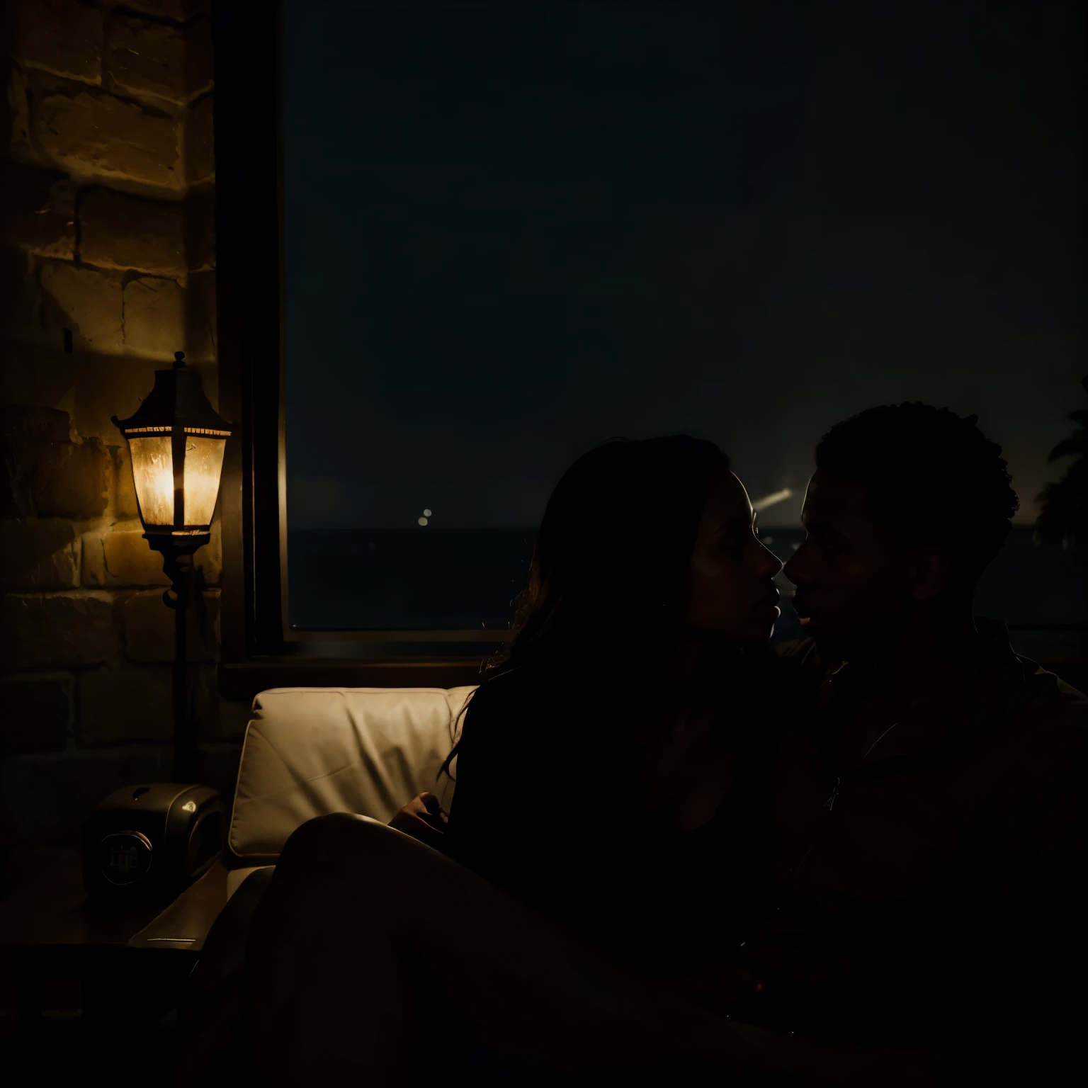 Side silhouette under streetlight, Beautiful couple of a black man and black woman, on a date sitting on a floating couch at sea, full moon beside them, shadow high contrast,  movie lighting, Enigmatic Atmosphere, theatrical shadow,  Artistic medium: painting [The color is black, theatrical, high contrast], best quality, Super detailed, Realistic style, Monochromatic color palette, Moody light, Chiaroscuro effect, Intricate shadows, superb brushwork