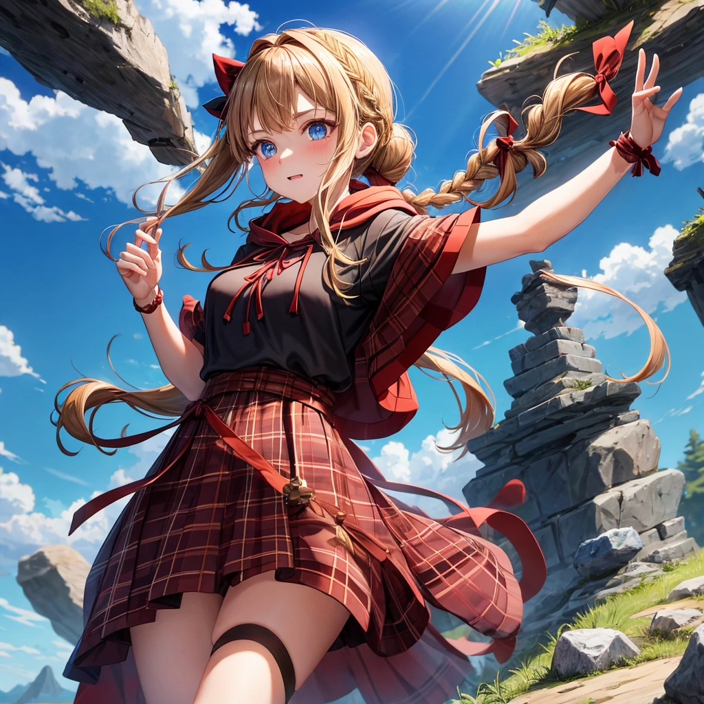 reddish-brown blonde、blue eyes、Braid、ponytail、one good looking girl、solo、anime、Plaid miniskirt、camisole、black t-shirt、dress、Doing the ribbon、Ribbon at waist、cloak、Crystal Grotto、wearing a hood、grass、clouds are swirling、stone slabs are piled up、One hand is raised、wearing a baseball cap