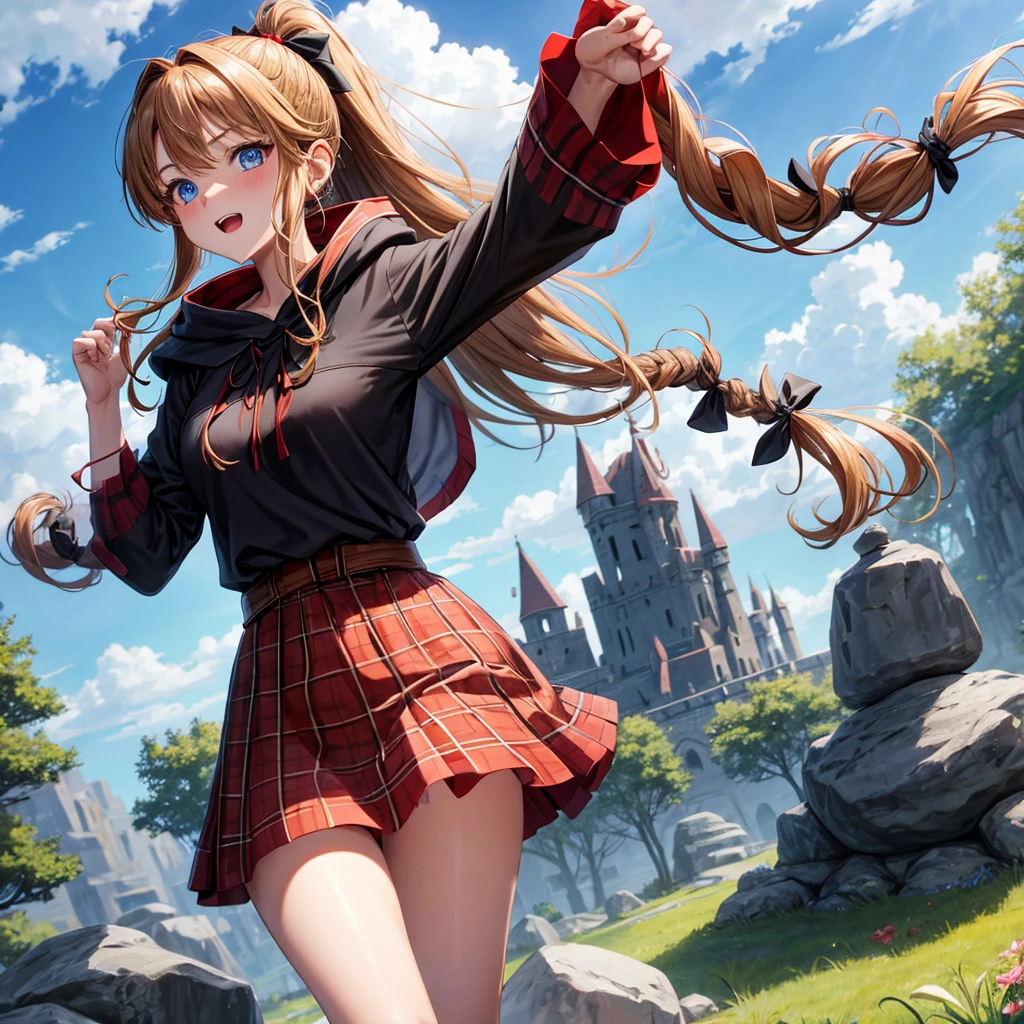 reddish-brown blonde、blue eyes、Braid、ponytail、one good looking girl、solo、anime、Plaid miniskirt、camisole、black t-shirt、dress、Doing the ribbon、Ribbon at waist、cloak、Crystal Grotto、wearing a hood、grass、clouds are swirling、stone slabs are piled up、One hand is raised、wearing a baseball cap