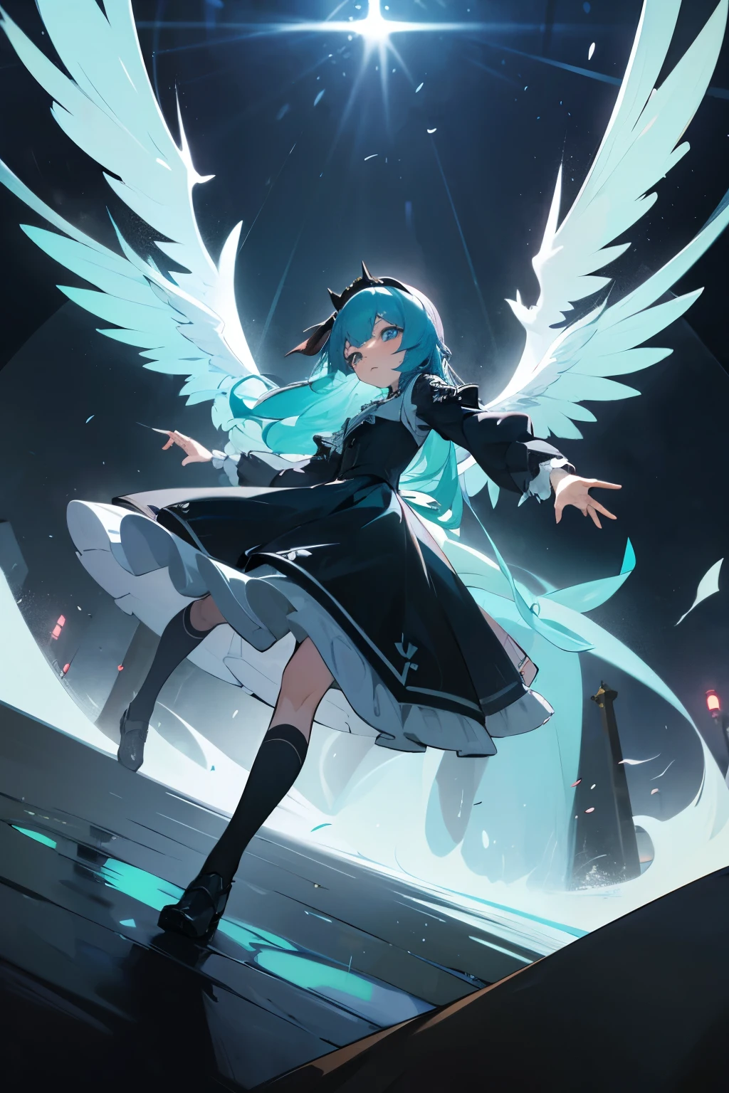 ((最高品質)), ((傑作)), (詳しい) masterpiece, top quality, very detailed, anime,Tiffany Blue hair, long hair,Aquamarine eyes. , baby face,Gothic Lolita dress in the style of a nun, Wings of an Angel growing on his back,malicious intent. Malice playing,,, dancing, singing, walking,Background Medieval Church