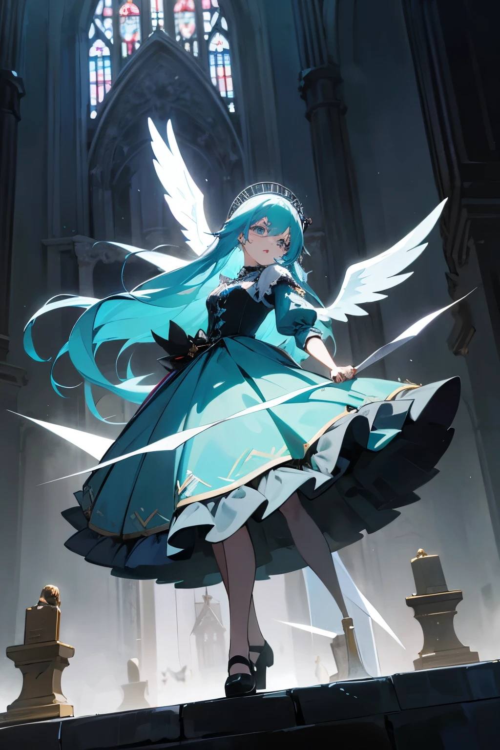((最高品質)), ((傑作)), (詳しい) masterpiece, top quality, very detailed, anime,Tiffany Blue hair, long hair,Aquamarine eyes. , baby face,Gothic Lolita dress in the style of a nun, Wings of an Angel growing on his back,malicious intent.  Malice playing,,, dancing, singing, walking,Background Medieval Church