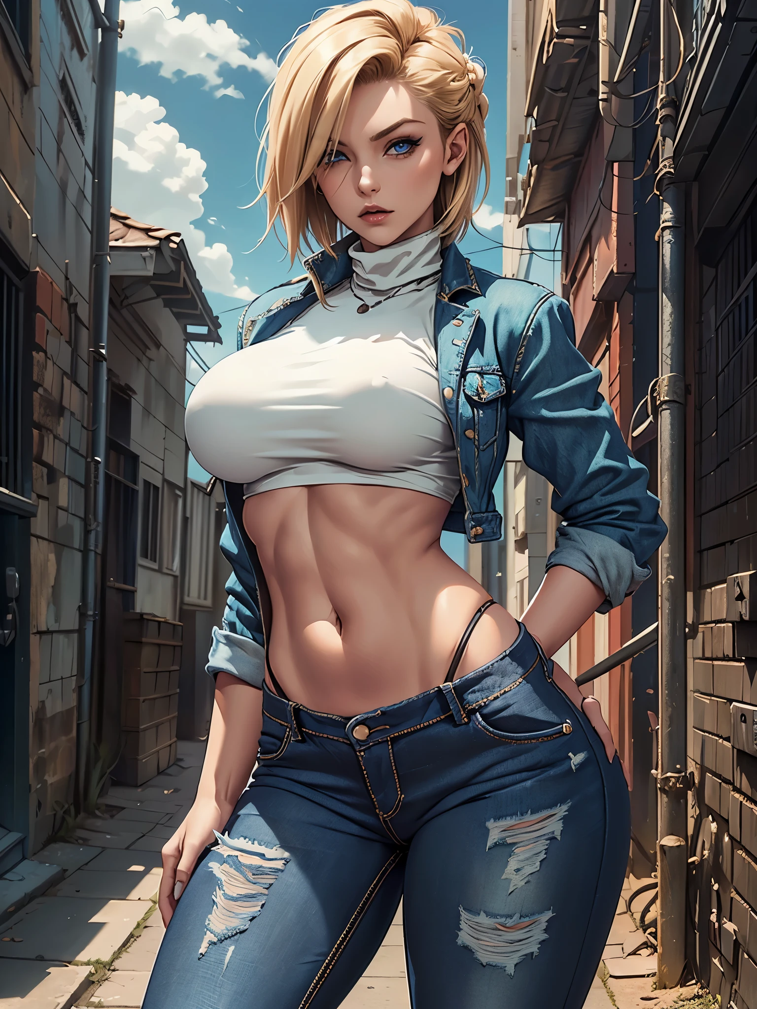 masterpiece, best quality, highly detailed, cowboy shot, portrait, android 18, short hair, blond hair, blue eyes,
harem, large breasts, , ((blue jacket)), ((black turtleneck croptop)), midriff, (denim jeans, full length jeans, ((low rise jeans)), skindentation,
BREAK
(city, alleyway, night, dark theme), (clouds), add_detail:1, hair over eyes, hair over one eye, wide hips, thick legs, massive breasts, underboob