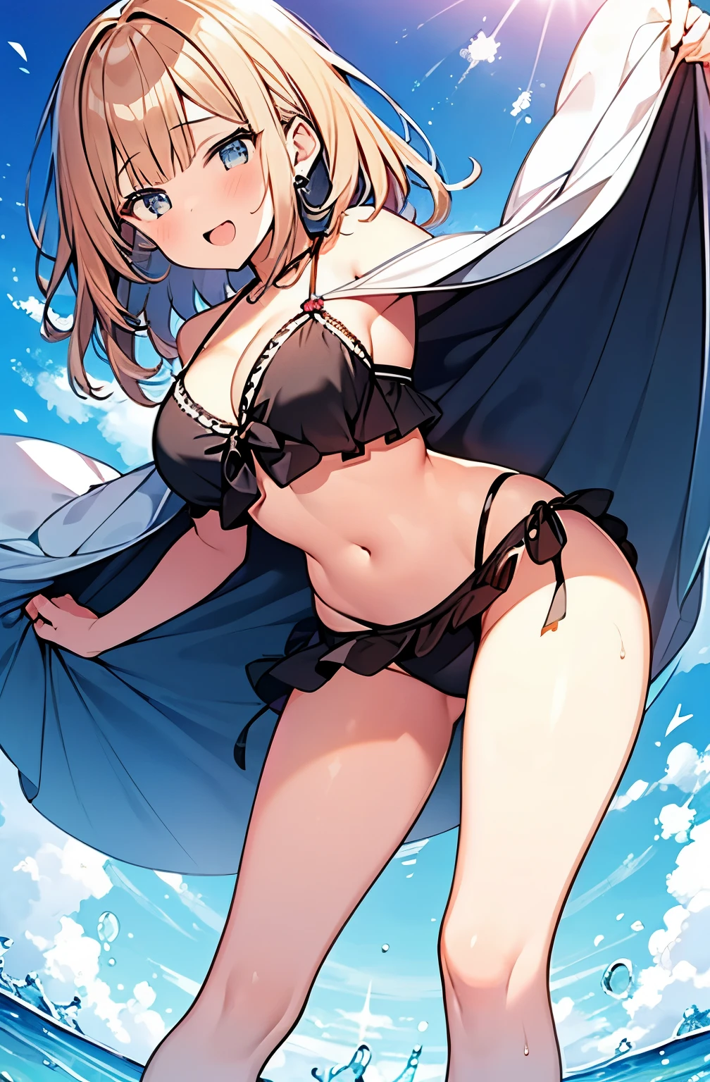 1girl, , from below, cuteness, , cleavage, bikini, , summer , navel,