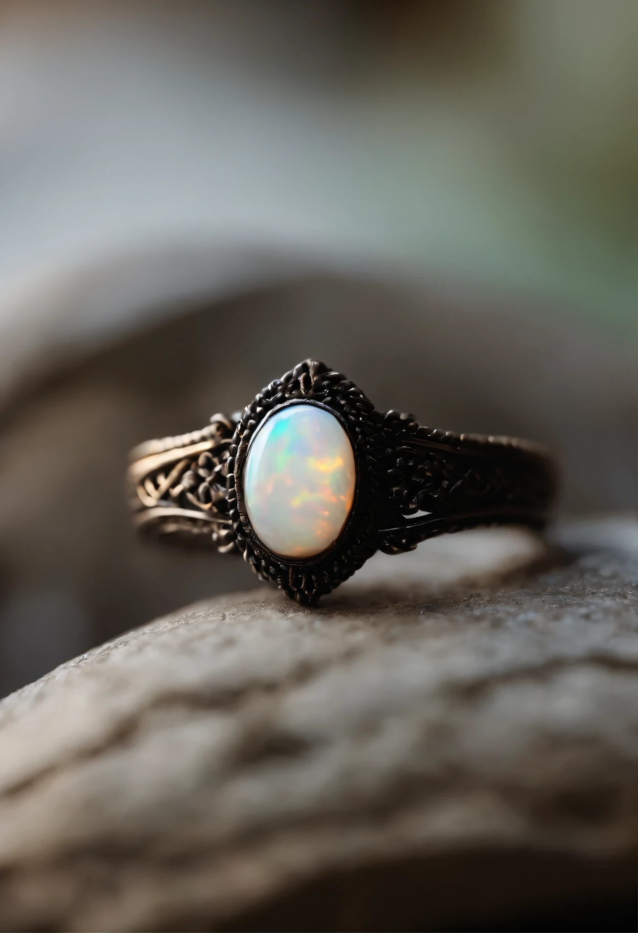 [Milk white opal ring) Close-up of thin black gold threads woven into a ring, rainbow colored grains sparkle on the stone, Handmade, in burnt silver,Asian style, dreamlike quality, medium and beautiful, Precise lines, Noble, Stunning, Details, Light and shadow smooth, Second quarter, HD realistic