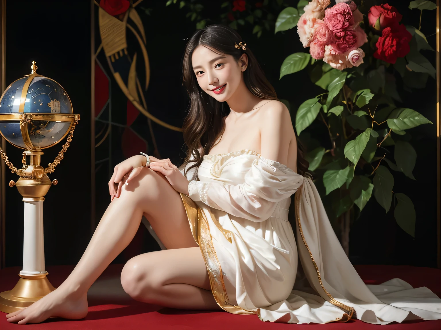 full body portrait or statue、Stained glass、Vigée Leblanc style、math、astronomical machine、astronaut、roses in vase、fruit、Cute trinkets、smile、ancient greek costume、Sandro Botticelli paintings、Costume that stretches your shoulders、A big smile、expression of ecstasy、sexy、beautiful bare skin、Detailed representation of the seducing woman throughout the body