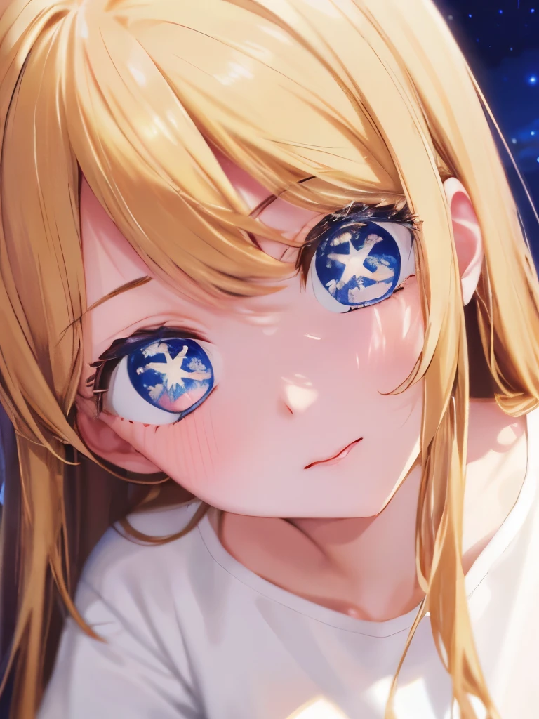 1woman,super beautiful,close up photo,Various expressions,Beautiful eyes, lenses of stars,very detailed face, HD face, perfect face,,at night,White t-shirt,blue mini skirt,Very big breasts,Blonde hair,long hair,wavy hair,bangs,blue eyes,ultra detail,ultra Hd, masterpiece,4k