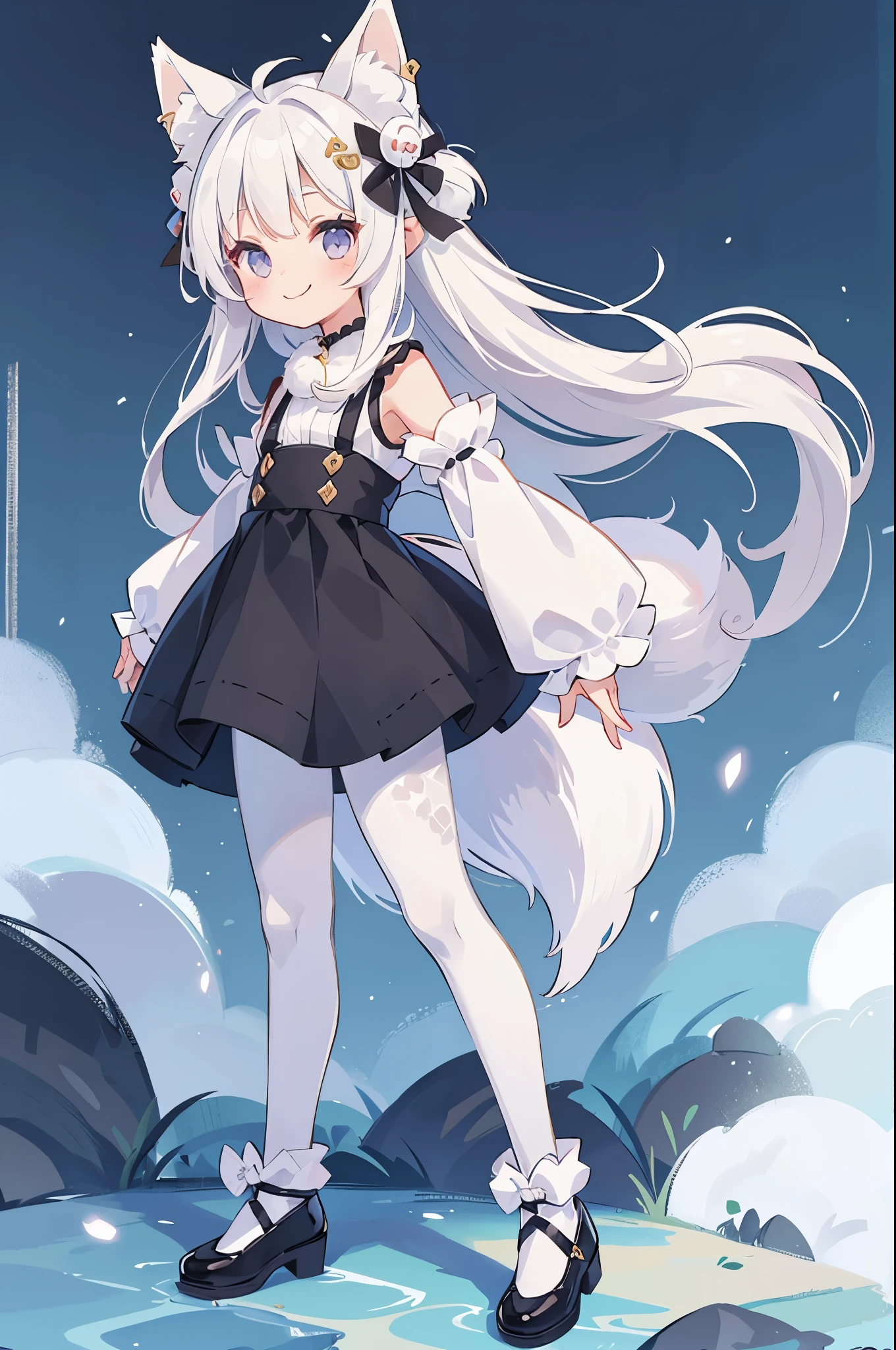 A girl with impressive white hair、Fox ears and tail、Hair Ornament、Black pantyhose、No sleeve、smile、cute shoes with accessories