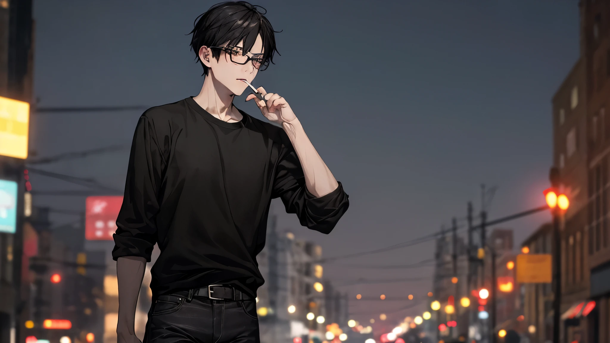 1 guy, black hair, press, Thin, pale, black hair, sporty, Blur background, Best quality, Brown eyes, spectacled, to the streets, night, garbage, sad, black shirt, black jeans, cigarette smoke, without a hand, night lights,