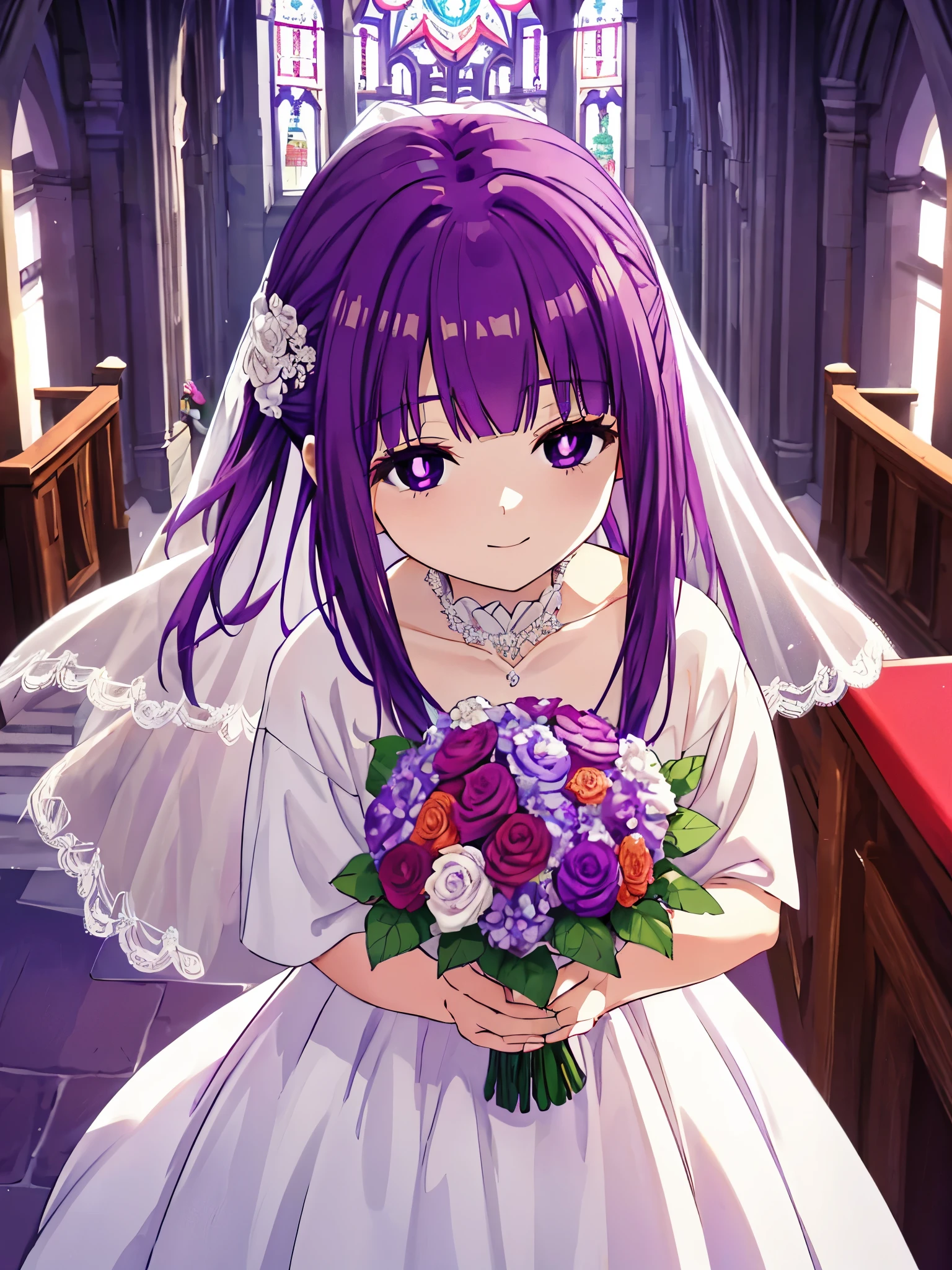 fern, long hair, bangs, (purple eyes:1.1), purple hair, sidelocks, blunt bangs, (bright pupils:1.5), half updo, purple hair, purple eyes, top down view, 1 girl, looking at the viewer, software, High resolution,masterpiece,highest quality, ,1 girl, alone, hair flower, wedding d again ss, Holding a bouquet of flowers in your hands, Chacha, smile, church, white bridal veil, Wedding dress, wedding style, church,