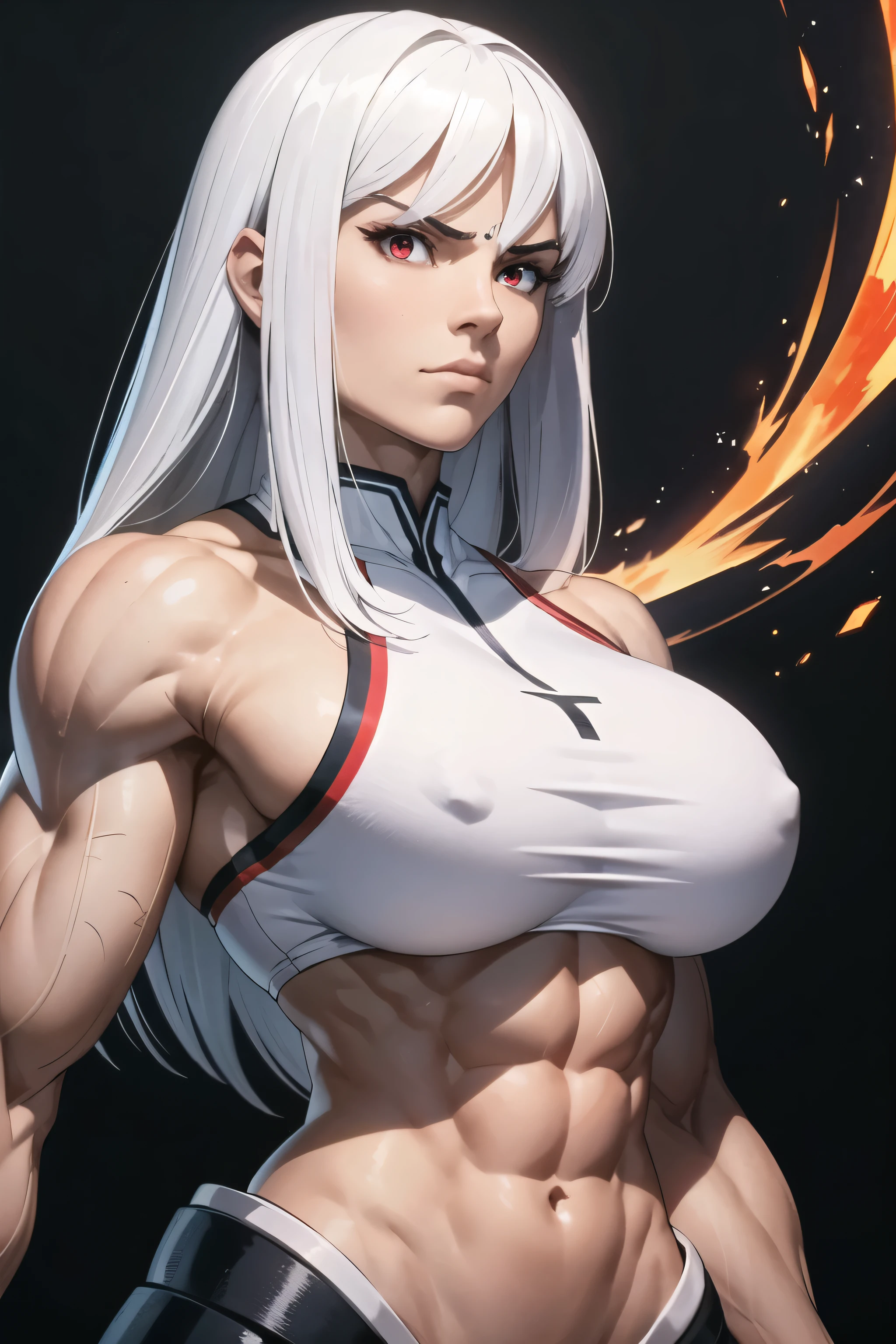 A determined and ambitious bodybuilder warrior, pretty face, serious face, white hair, red eyes, perfect body, fit body, abdomen, big breasts, muscular, who fights to become the strongest