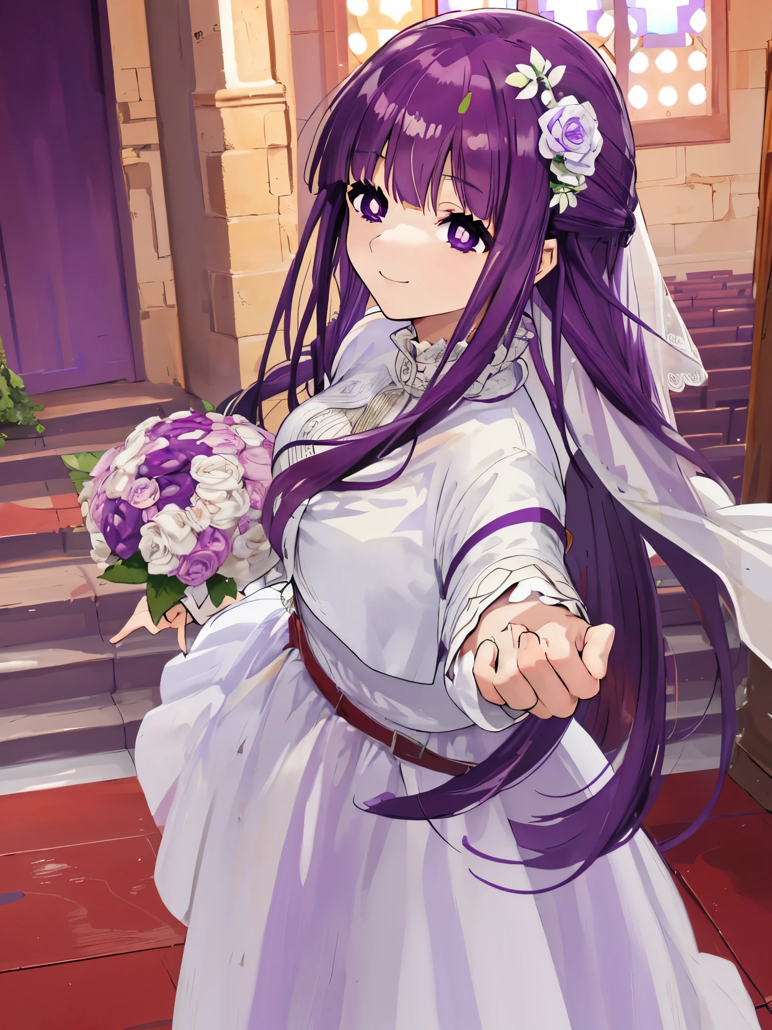 fern, long hair, bangs, (purple eyes:1.1), purple hair, sidelocks, blunt bangs, (bright pupils:1.5), half updo, purple hair, purple eyes, top down view, 1 girl, looking at the viewer, software, High resolution,masterpiece,highest quality, ,1 girl, alone, hair flower, wedding d again ss, Holding a bouquet of flowers in your hands, Chacha, smile, church, white bridal veil, Wedding dress, wedding style,