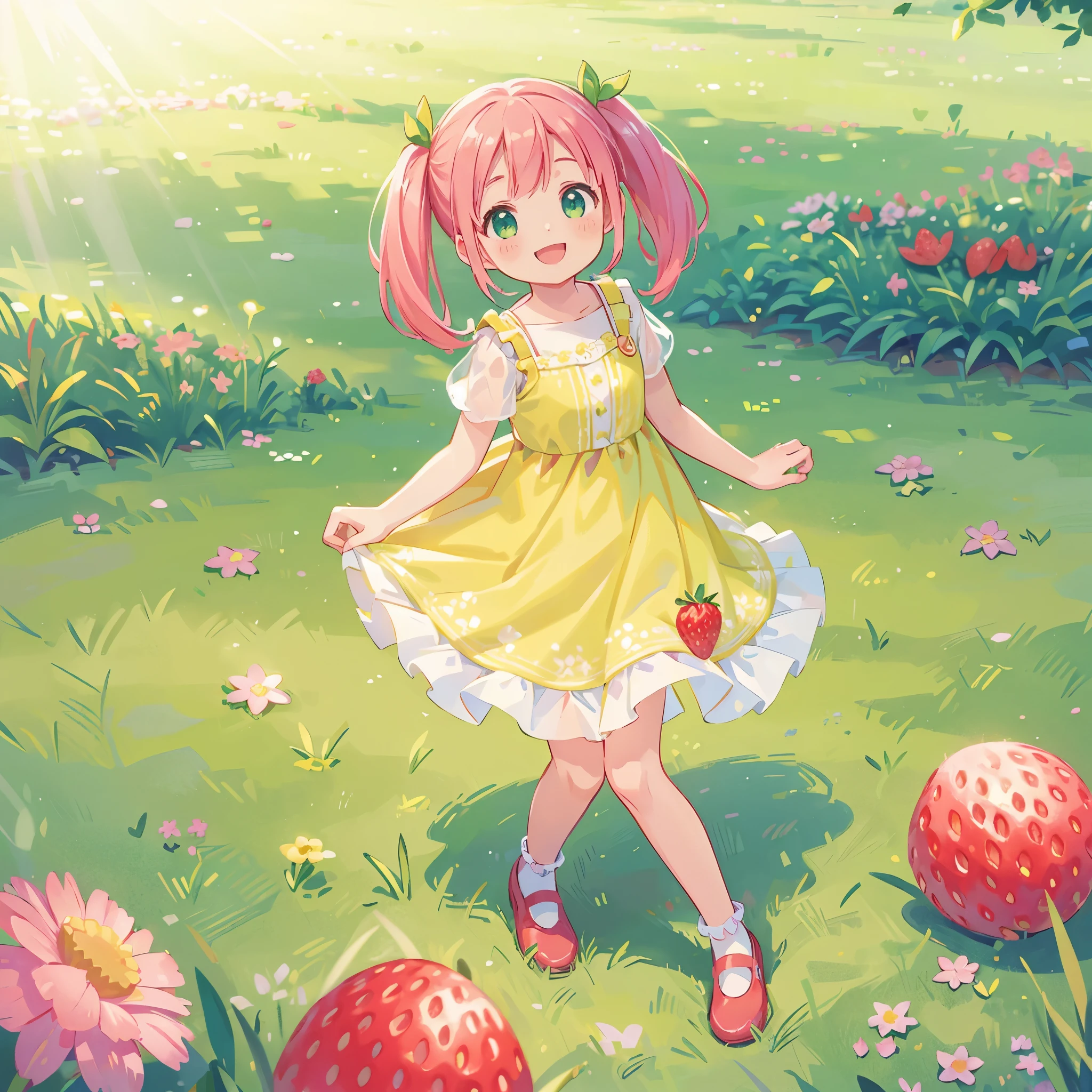 (photorealistic:1.37)、octane rendering、Morning park、Strawberry dress、Girl has twin tail hairstyle and smiles、Bright colors、soft sunlight、beautiful flower、green grass、playful atmosphere、peaceful environment、detailed texture、Bright colors、cute shoes with accessories、He looks happy