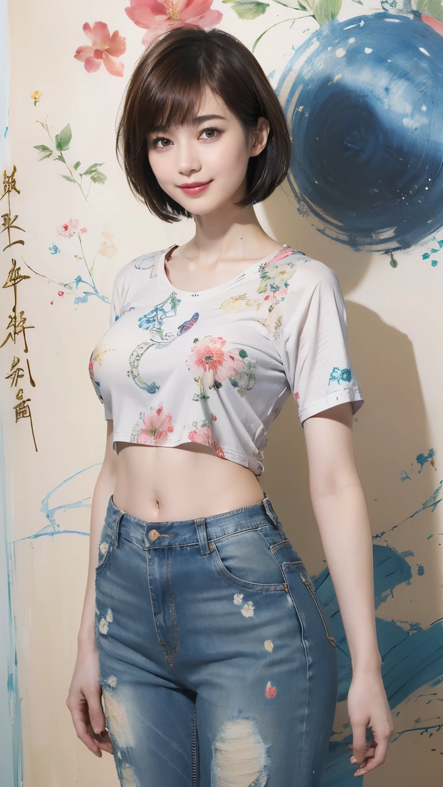 157
(Shorthair:1.46),  (a 20 yo woman, standing), (A hyper-realistic), (Masterpiece), (8KUHD), (gentle smile), Slender waist, Wearing jeans, ((Floral Clothing - T-Shirts)), Wearing long pants, abstract splash painting, splash on the beach, (doodle:1.46), (breasts:1.46), (口紅)
