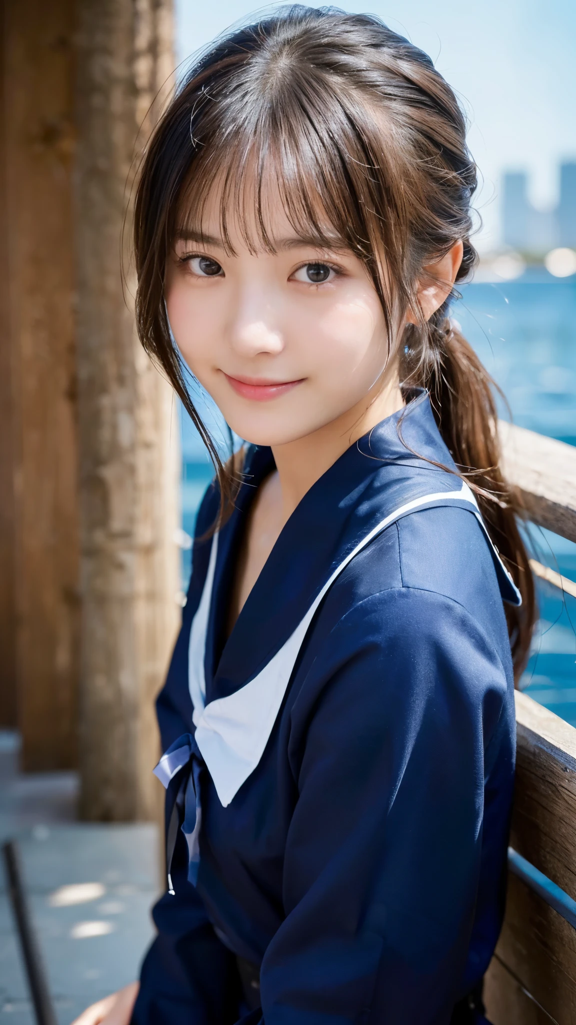 (highest quality,masterpiece:1.3,ultra high resolution),(Super detailed,caustics,8k),(photorealistic:1.4,RAW shooting),18-year-old,Japanese,cute,black short ponytail,Smiling and looking at the camera,sailor suit,forward leaning posture,shot from the waist up,(face focus:1.1),(Face close-up:1.1),(low position::1.3),(Low - Angle::1.3),blue sky,Natural light