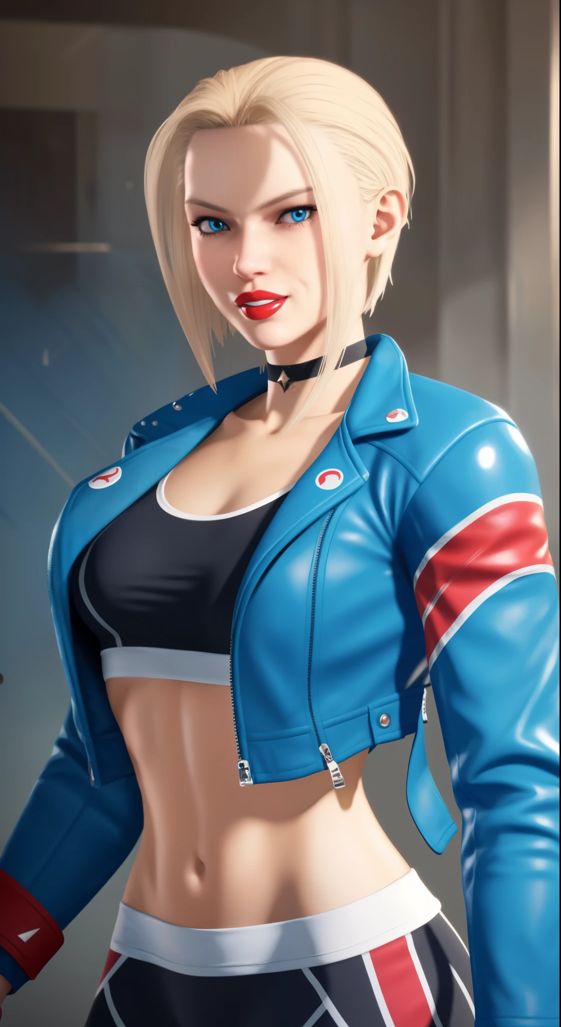 (((illustration))) portrait  cammy_white , cammy sf6,1girl ,solo ,  bang , scar on cheek ,blonde hair , blue eyes, short hair, sports bra, jacket , yoga pant, looking at viewer, upper body ,blush , smile , happy , red lipstick,  veins, beautiful face, full lips, slim face, high cheekbones, muscular, (((in vector style)))