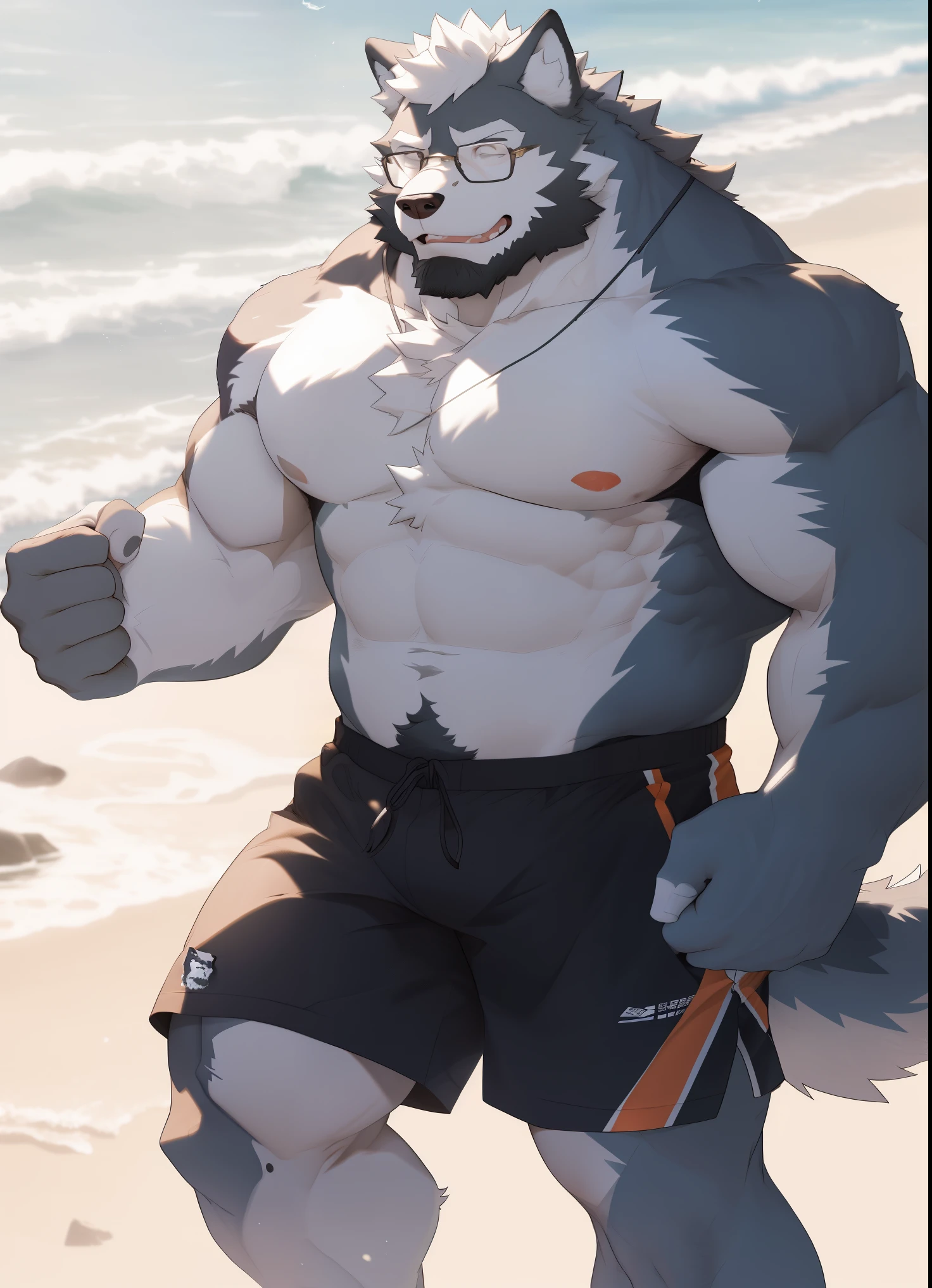 hairy，（Wolf，Black-rimmed glasses，Naked upper body，white sports shorts），beard，white fur，male，Common，full-body shot， dynamic poses，seaside，beach，Sunlight，Detailed background，极其lifelike阴影，masterpiece，Very detailed，lifelike