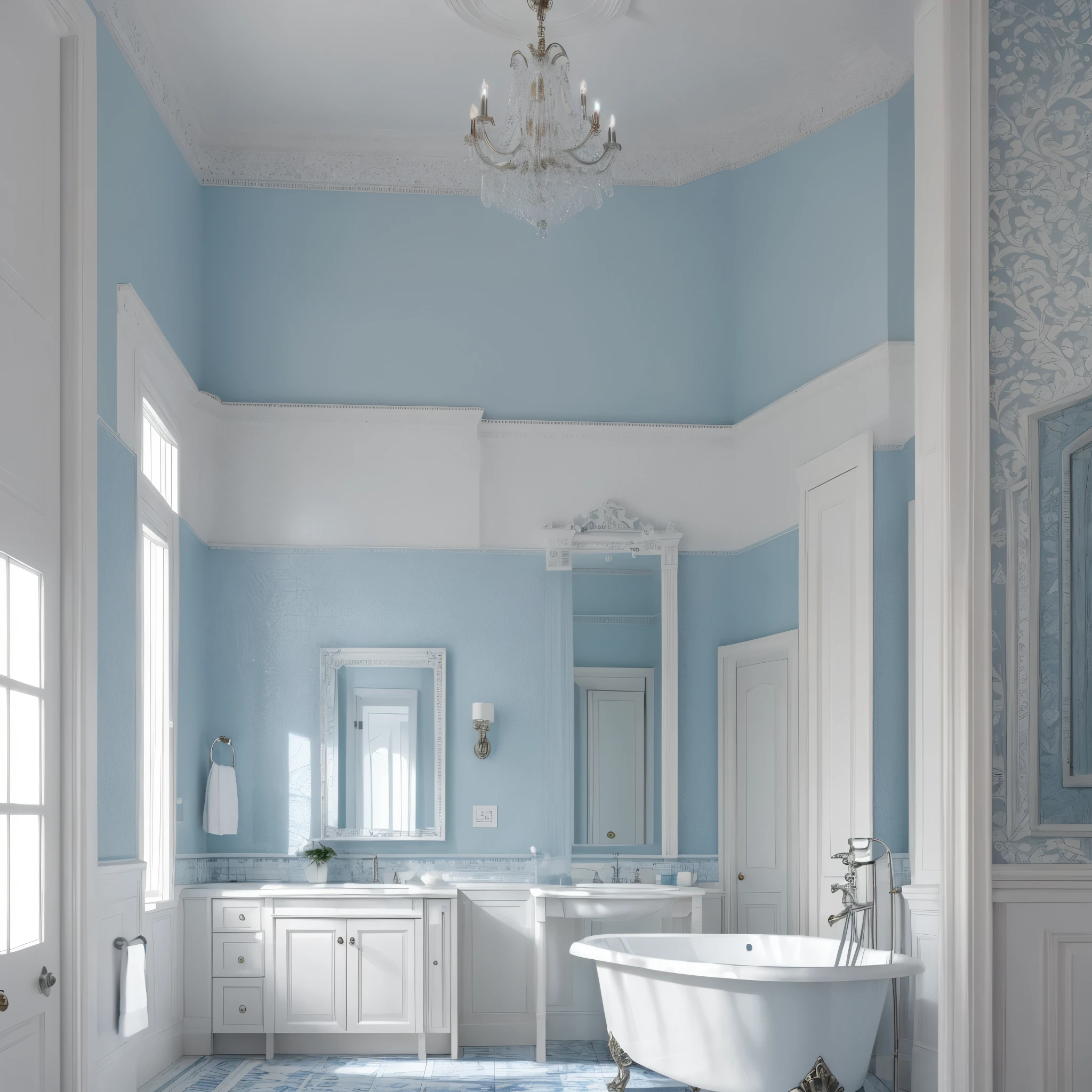 interior, bathroom in a Victorian architectural style, clean modern design featuring blue and white color scheme, beautiful light