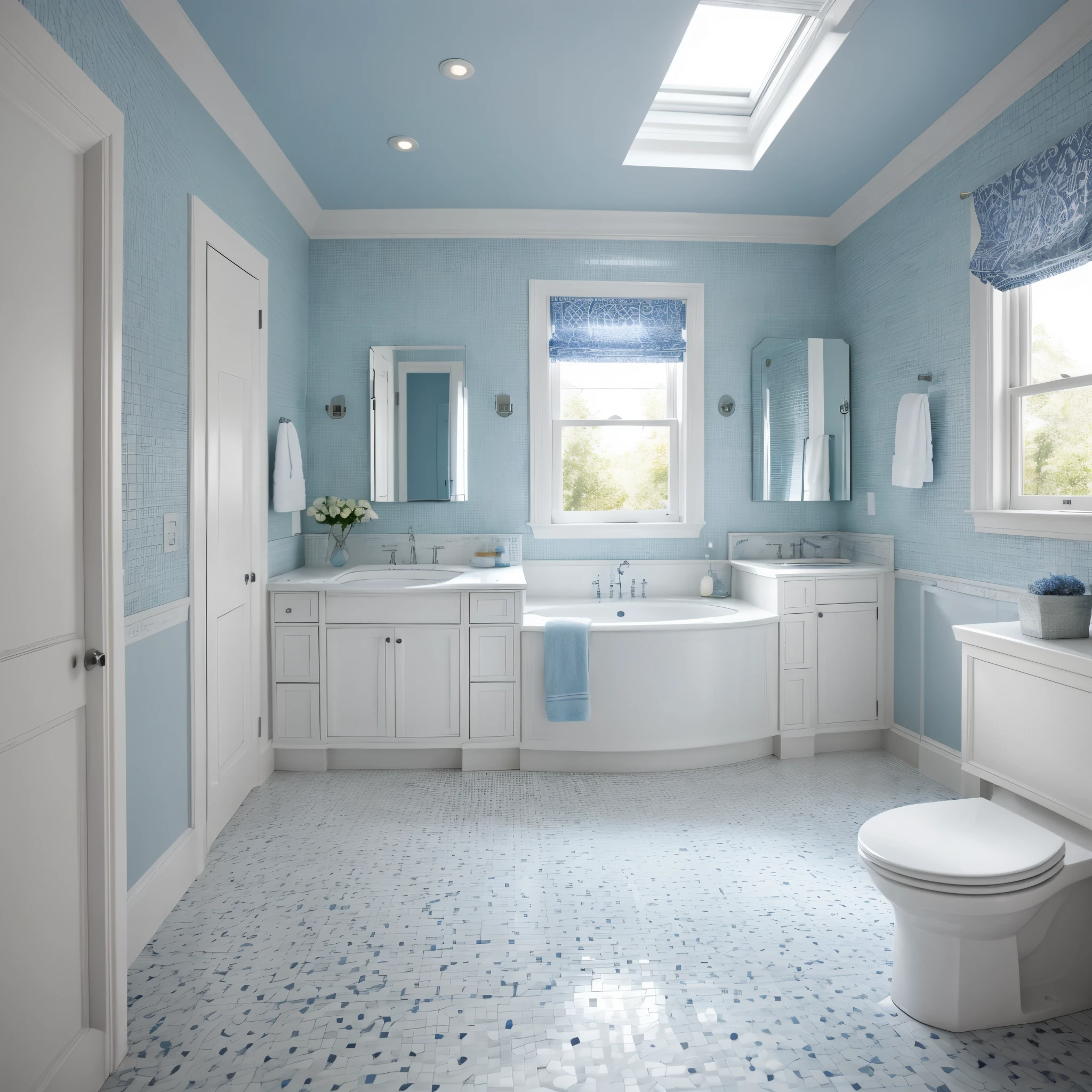 interior, bathroom in a Victorian architectural style, clean modern design featuring blue and white color scheme, beautiful light