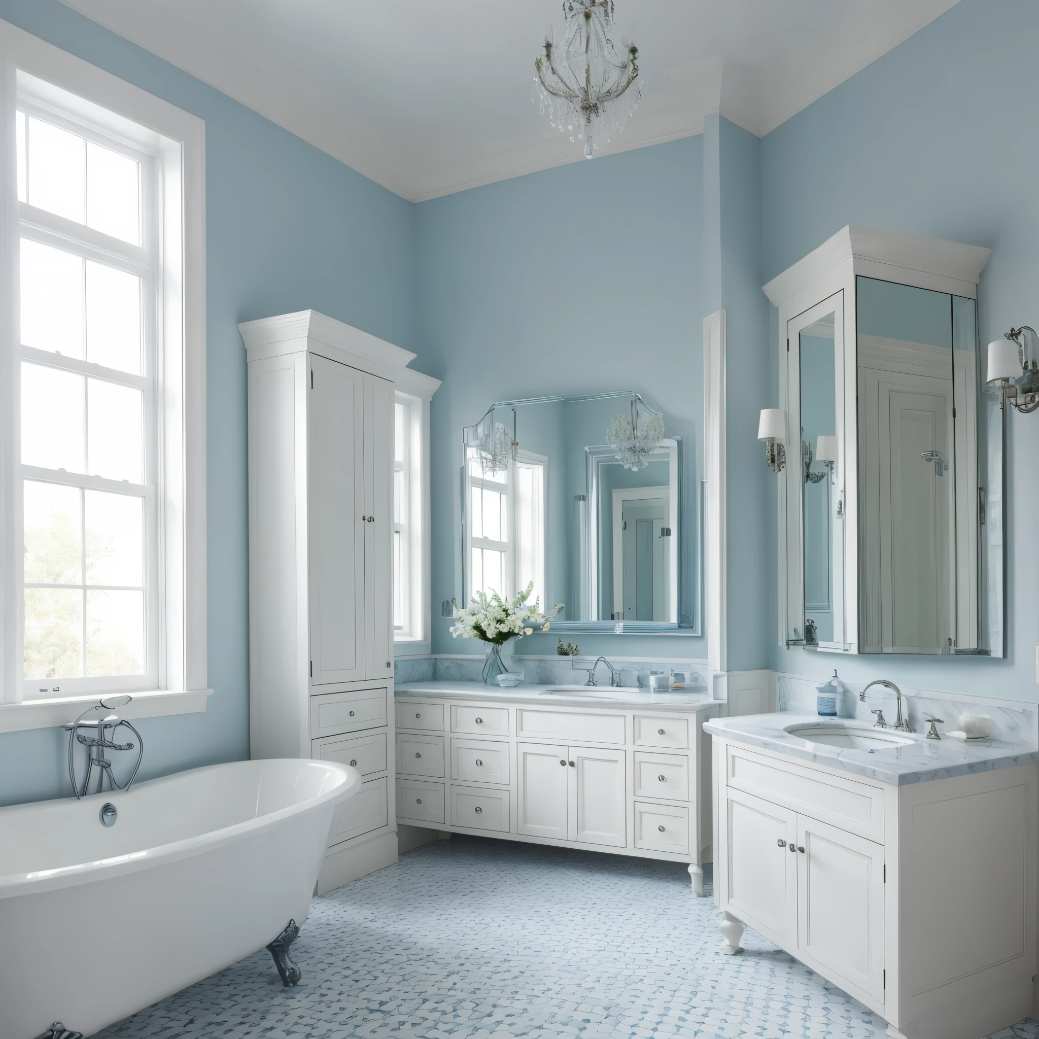 interior, bathroom in a Victorian architectural style, clean modern design featuring blue and white color scheme, beautiful light