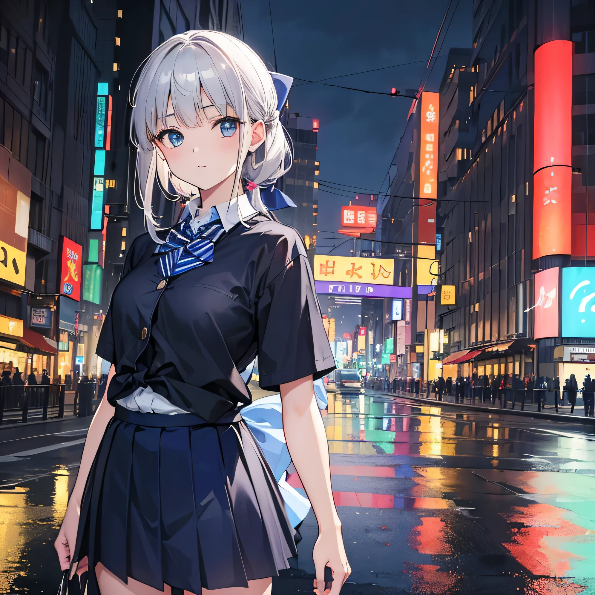 (8K, RAW photo, masterpiece:1.3), (realistic, photo-realistic:1.37), (night), (looking at the viewer:1.331), (gray hair), take a pose, tokyo street, nightcityscape, cyberpunk city, soft light, 1 girl, very beautiful face, bust, put down hands, Random hairstyle, random expression, Big eyes, lower abdomen, (short sleeve .JK_shirt), JK_style, (Dark blue JK_skirt), (Bow JK_tie), mix 4., highest quality