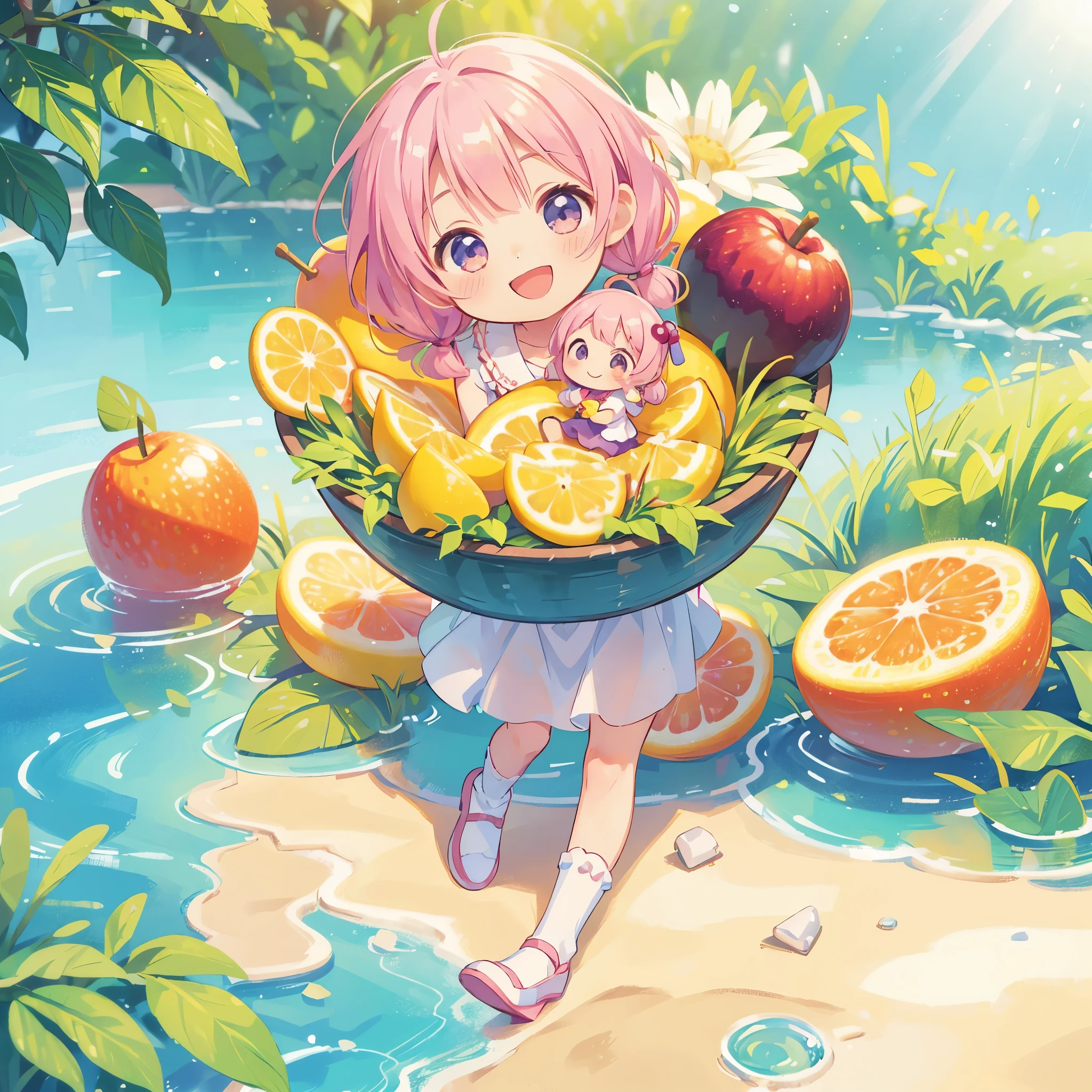(photorealistic:1.37)、octane rendering、Chibi girl doll in the center of a fruit platter、Girl has twin tail hairstyle and smiles、Bright colors、soft sunlight、playful atmosphere、peaceful environment、detailed texture、Bright colors、cute shoes with accessories、He looks happy
