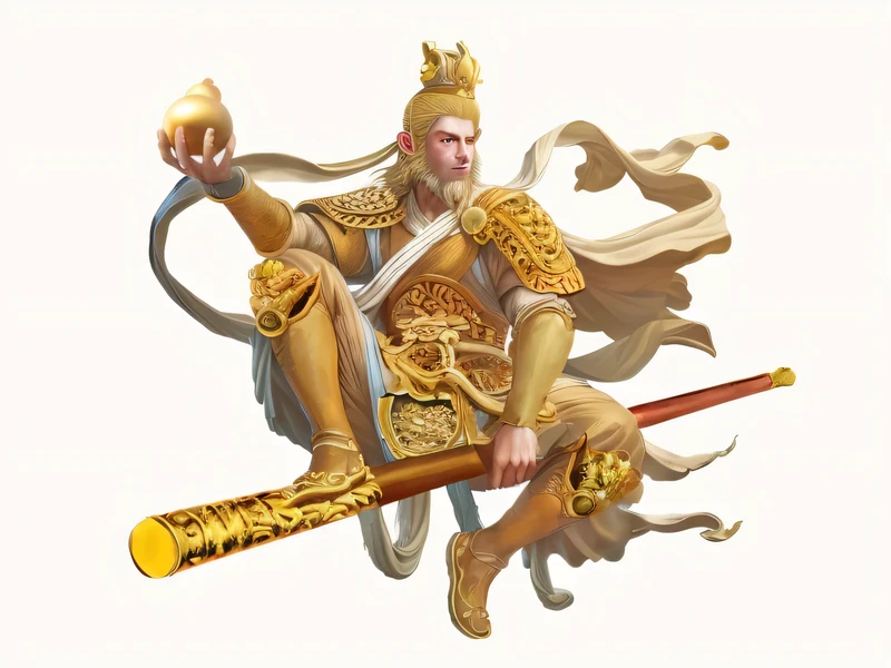 Arav image of a man holding a sword and a ball, sun wukong, monkey king, wukong, guan yu, the an emperor of mankind, Legendary god holding a spear, God of wealth, an emperor, Keng Lian, Inspiration from Huang Shen, Heisei Jinyao, inspired by Hu Zaobin, king, Hua Cheng, Qigong