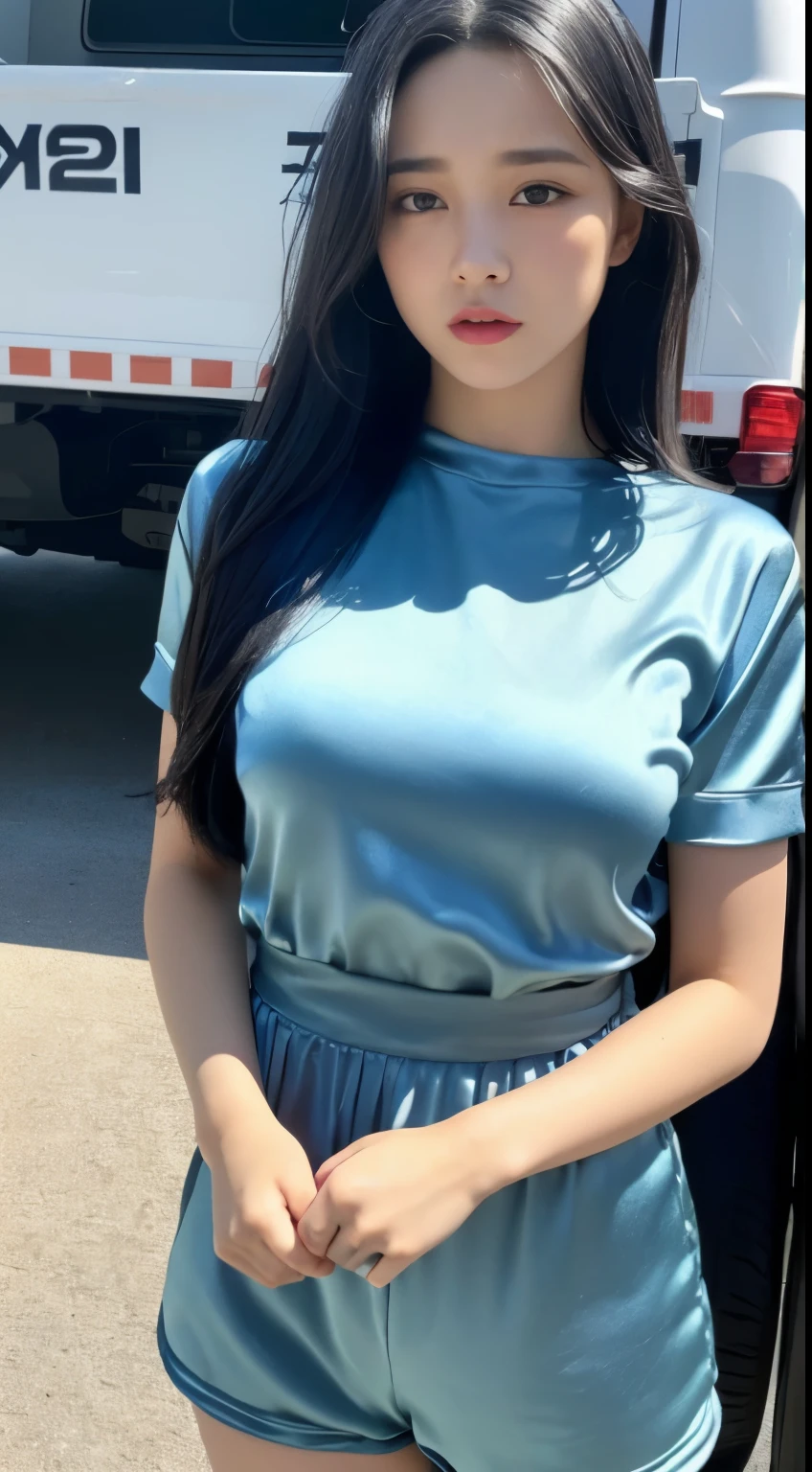 One Woman And One Short Boy, A woman wearing a shiny truck costume is grabbed with both hands by the boy next to her. (Beautiful college girl wearing a truck costume, highest quality, High resolution, 8K, 1 girl, outside the athletics stadium, 1 girl, shiny truck costume (satin truck costume: 1.4, Light blue: 1.5) (black hair, big: 1.5), (Upper body: 1.2), looking at the viewer, troubled face), outdoor, A boy who grabs the breasts of a woman wearing a truck costume with both hands. (T-shirt, shorts, Grabbing a woman's breasts with both hands)