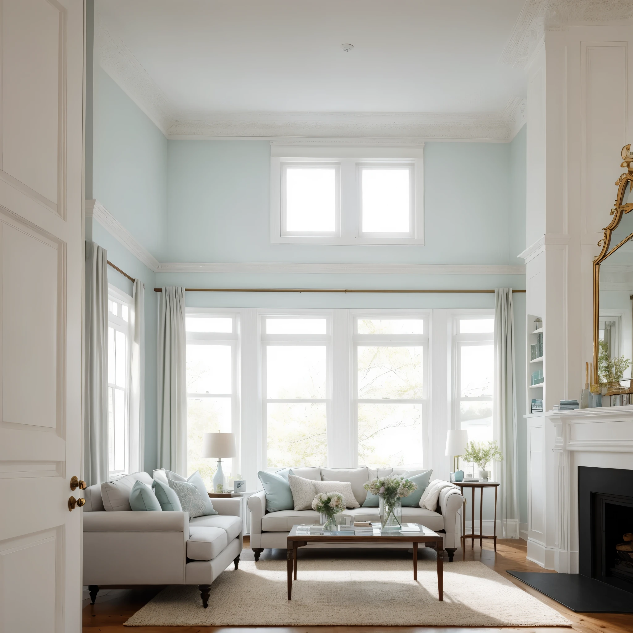 interior, living room in a Victorian architectural style, clean modern design featuring pastel color scheme, beautiful light