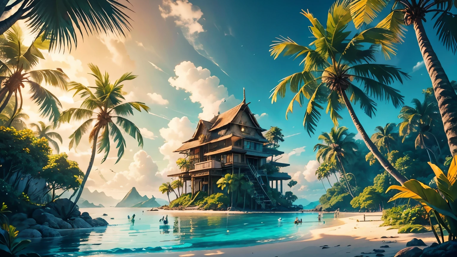 [A beautiful tropical little island, sandy beach, crystal-clear turquoise water, lush green jungle, swaying palm trees], [a cozy little tiki-bar with thatched roof], [gentle sea breeze, warm sunlight, vibrant tropical flowers], [exotic birds chirping, monkeys swinging on trees, colorful fish swimming in the coral reef], [(best quality, high resolution:1.2), vibrant colors, vivid tropical paradise], [tropical sunset casting a golden glow on the island], [soft, warm evening light, relaxed and serene atmosphere].