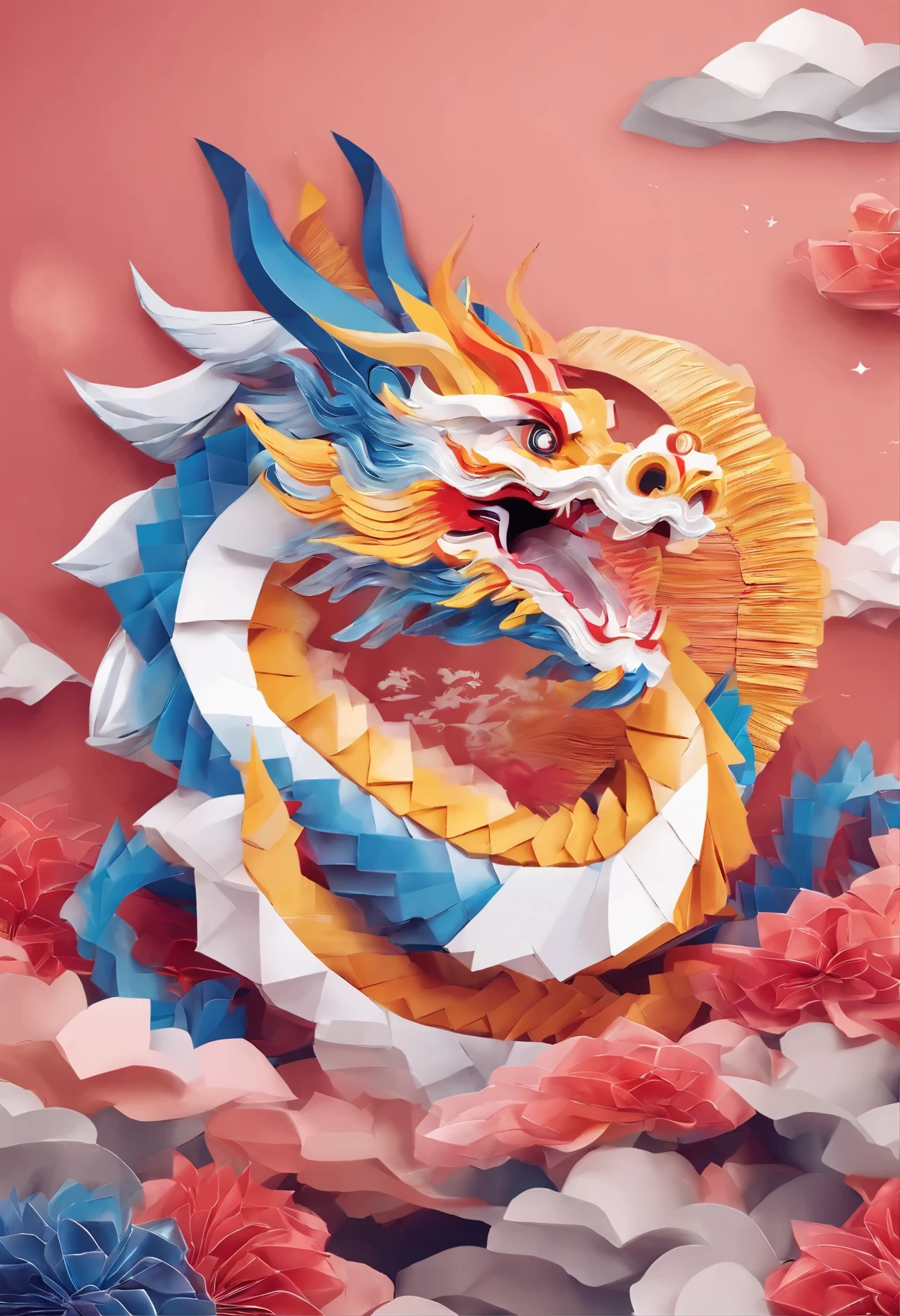 Chinese style elements,Oriental dragon image, Blessed by the Dragon,The dragon is praying,Soar into the sky, There are colorful lights everywhere, They were delighted, (high contrast), (The era of fantasy world), People are shopping happily, New Year atmosphere, (Ray tracing, global illumination), (masterpiece:1.4), (energetic:1.2), Normal, complex,Rich in details, (Super detailed CG unified 8k wallpaper)