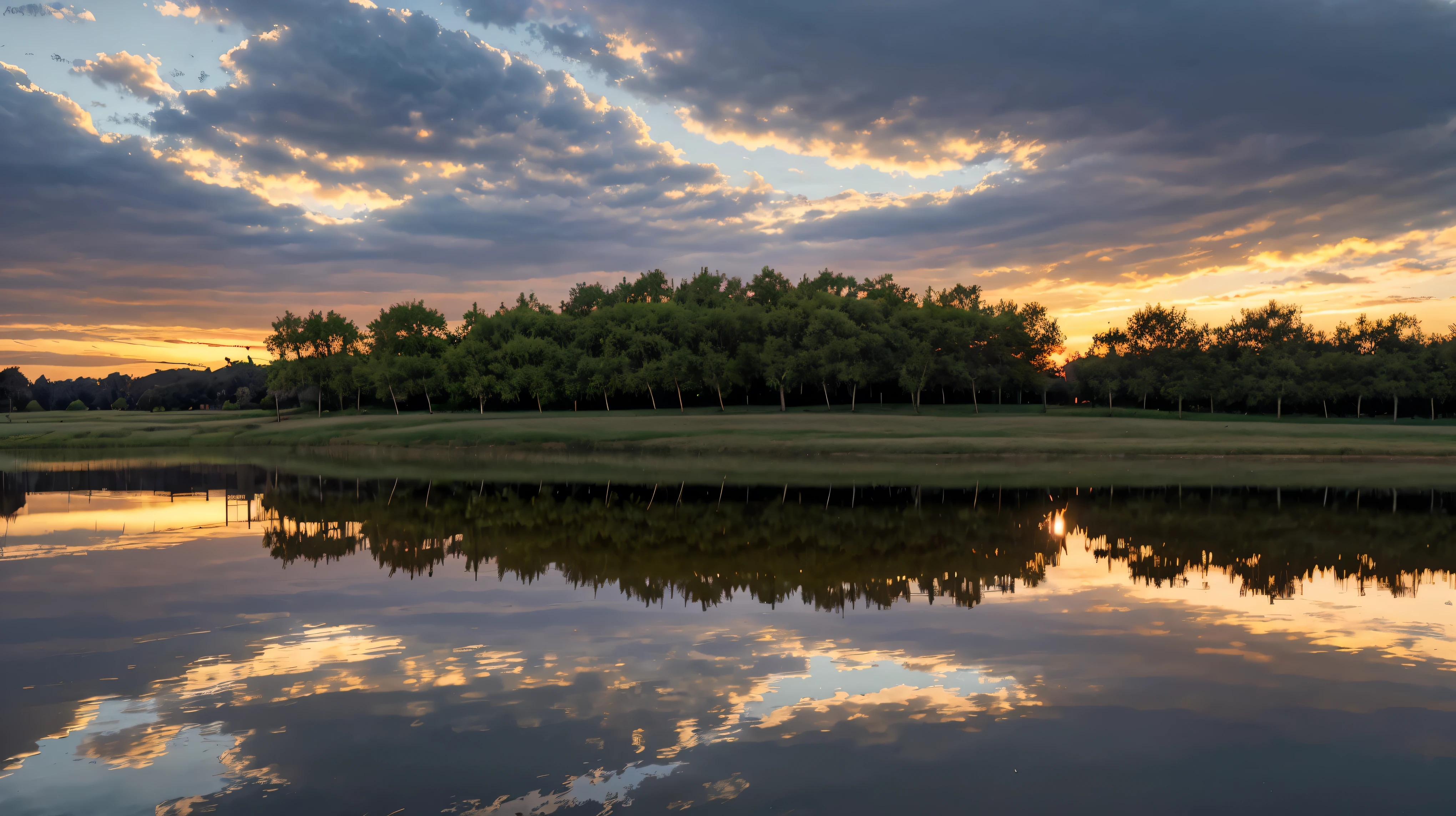 no_humans, scenery, outdoors, sky, tree, cloud, grass, sunset, water, reflection, house, traditional_media, cloudy_sky, nature