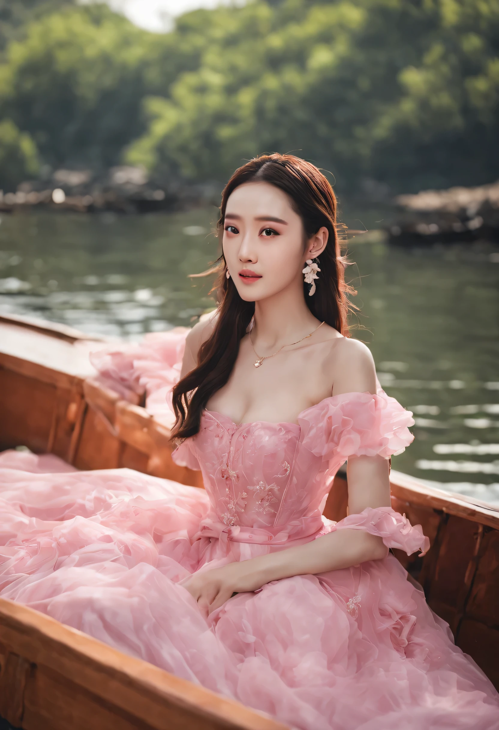 araffe woman sitting on a boat in a pink dress, on a boat, dilraba dilmurat, on a boat on a lake, xintong chen, gorgeous lady, chinese girl, yanjun chengt, on a lake, summer, official, ruan jia beautiful!, queen of the sea mu yanling, wenfei ye, high quality image