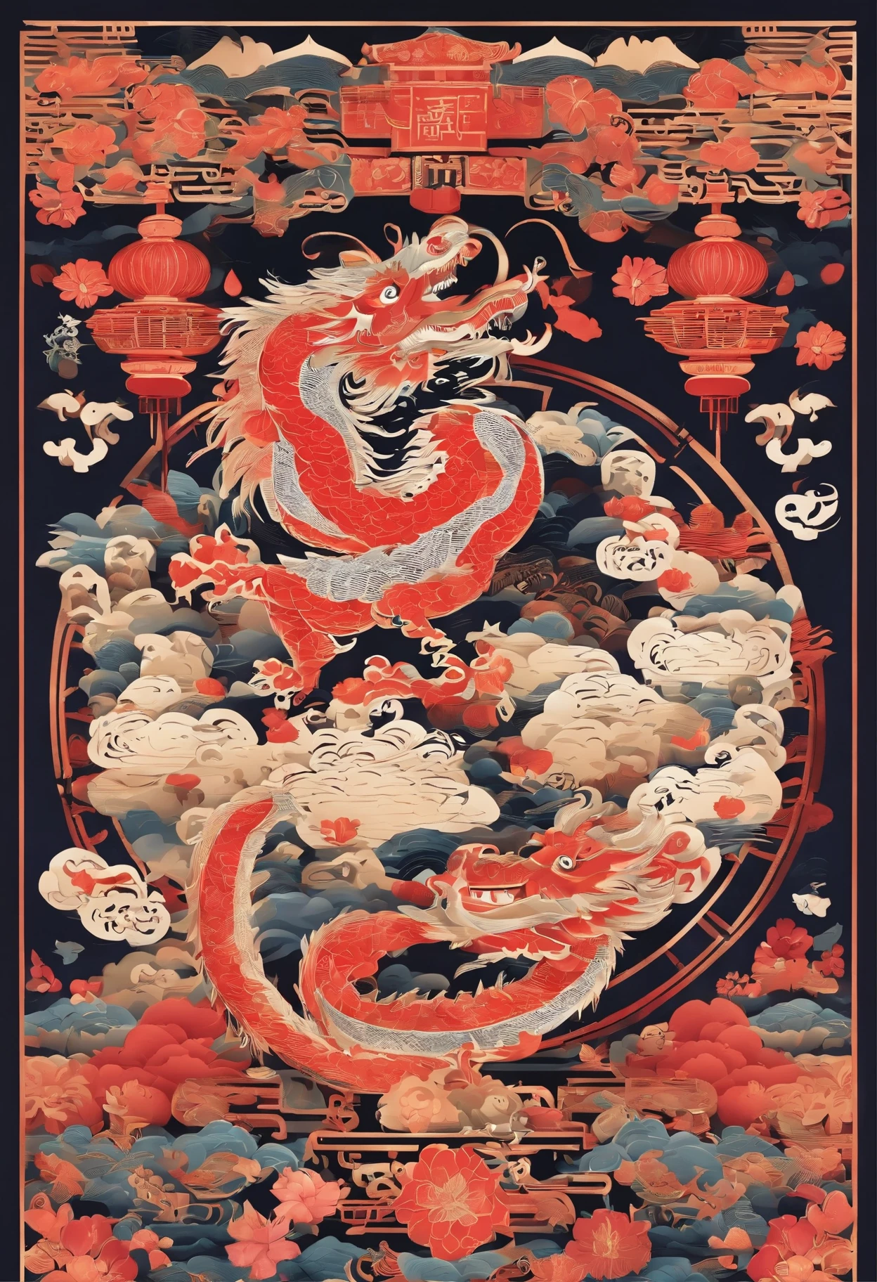 Chinese style elements，Oriental dragon image, Blessed by the Dragon，The dragon is praying，Soar into the sky, There are colorful lights everywhere, They were delighted, (high contrast), (The era of fantasy world), People are shopping happily, New Year atmosphere, (Ray tracing, global illumination), (masterpiece:1.4), (energetic:1.2), Normal, complex，Rich in details, (Super detailed CG unified 8k wallpaper)