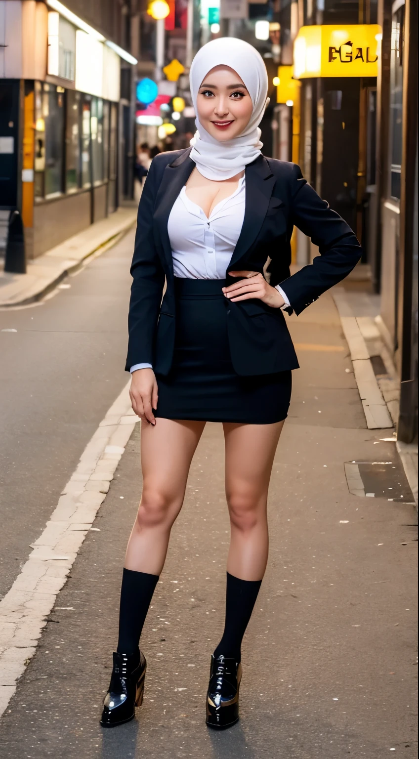 ((Best quality, 8k, Masterpiece)), Sharp focus, A pretty woman with perfect figure, ((hijabi, Big breasts)), ((body tight short skirt)), ((black shoes)), (Blazer over very thin white button up shirt), City street, Highly detailed face and skin texture, Detailed eyes, Double eyelid, stand pose