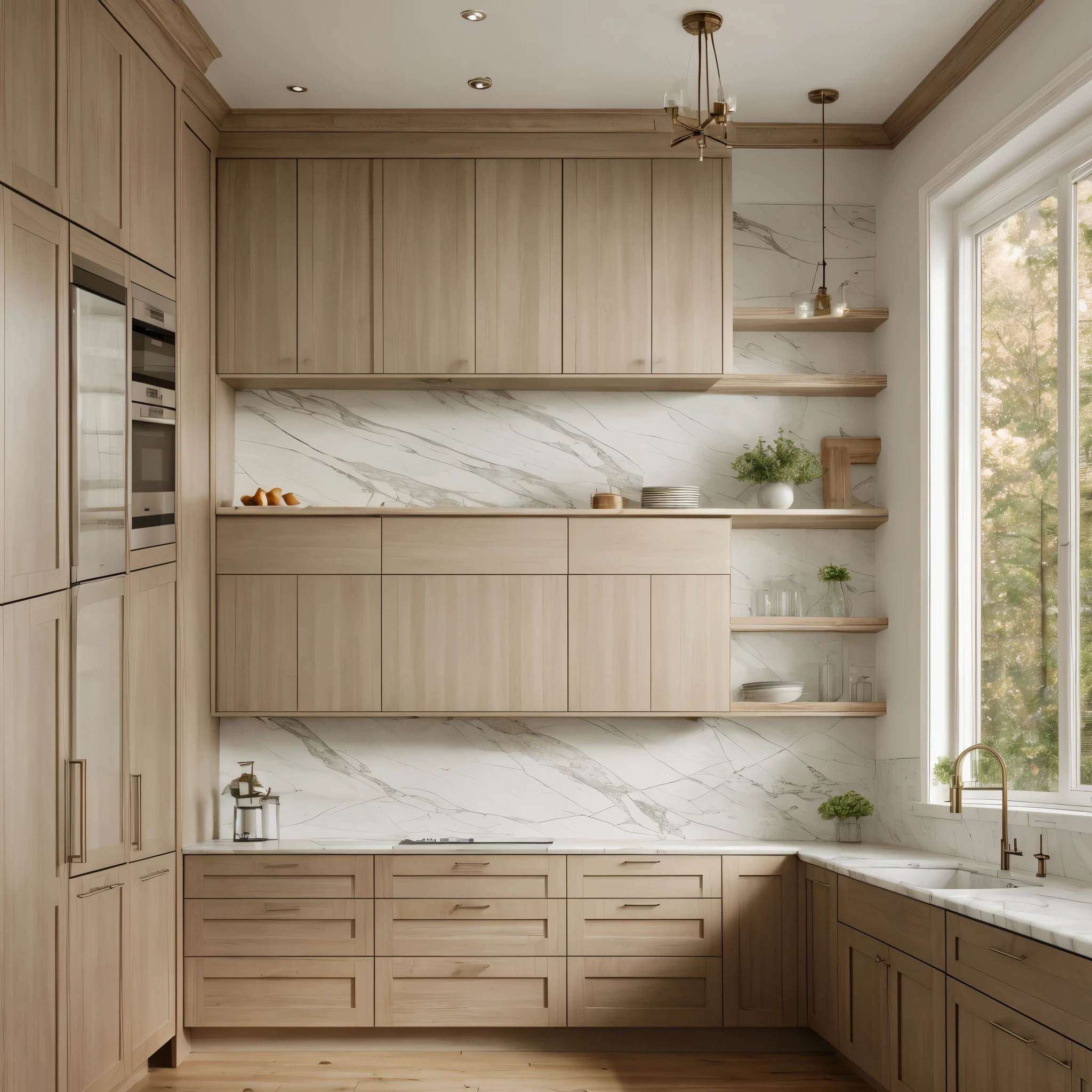 interior, Kitchen in a Victorian architectural style, clean modern design featuring light wood and Marble color scheme, beautiful light