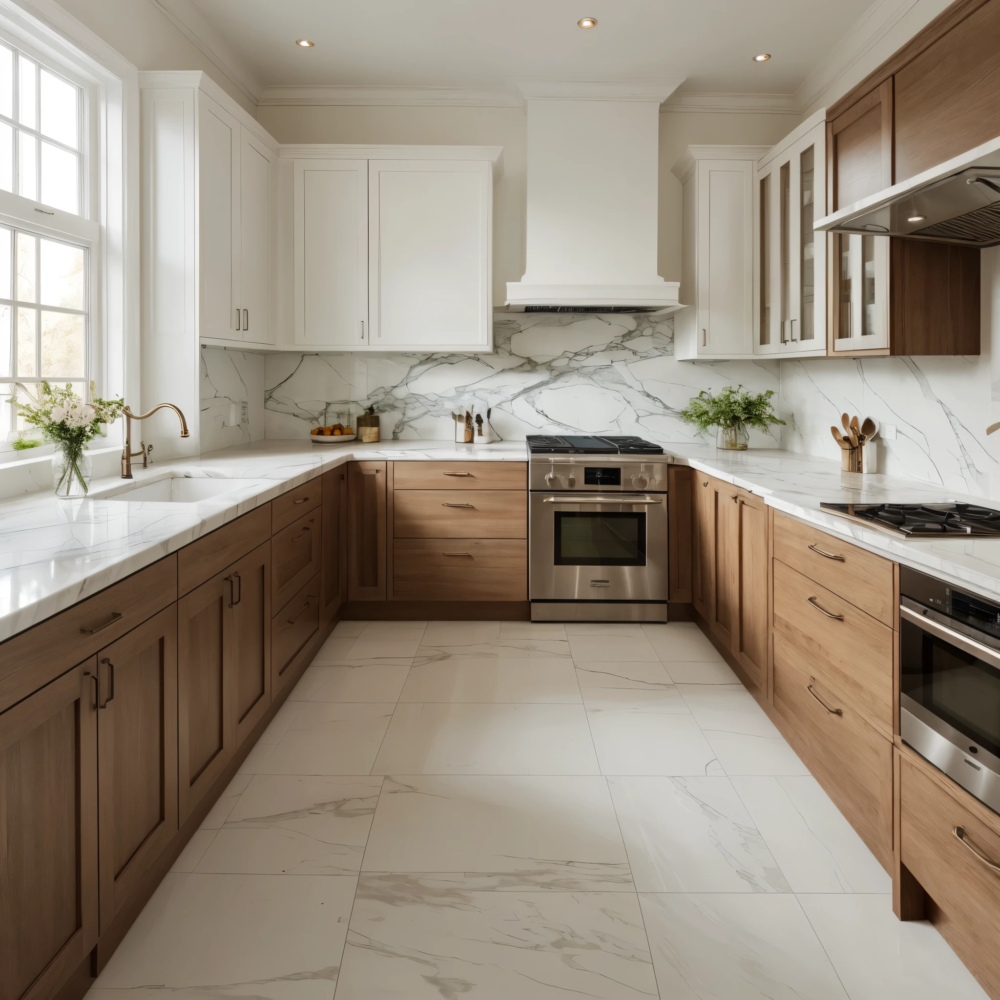 interior, Kitchen in a Victorian architectural style, clean modern design featuring light wood and Marble color scheme, beautiful light