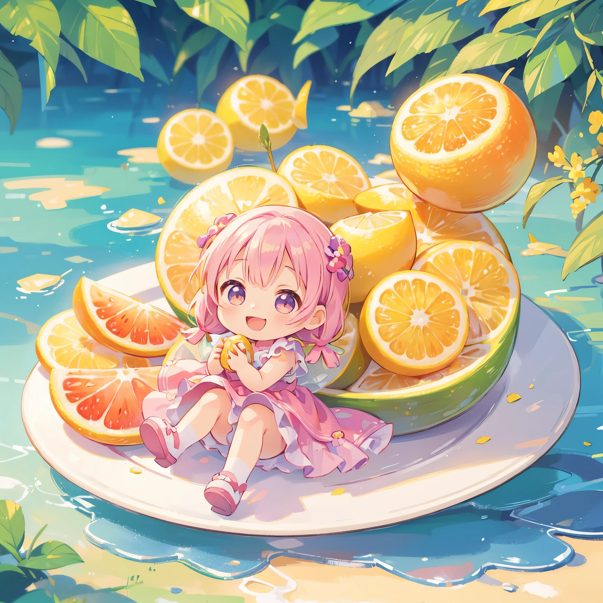 (photorealistic:1.37)、octane rendering、Chibi girl doll in the center of a fruit platter、Girl has twin tail hairstyle and smiles、Bright colors、soft sunlight、playful atmosphere、peaceful environment、detailed texture、Bright colors、cute shoes with accessories、He looks happy