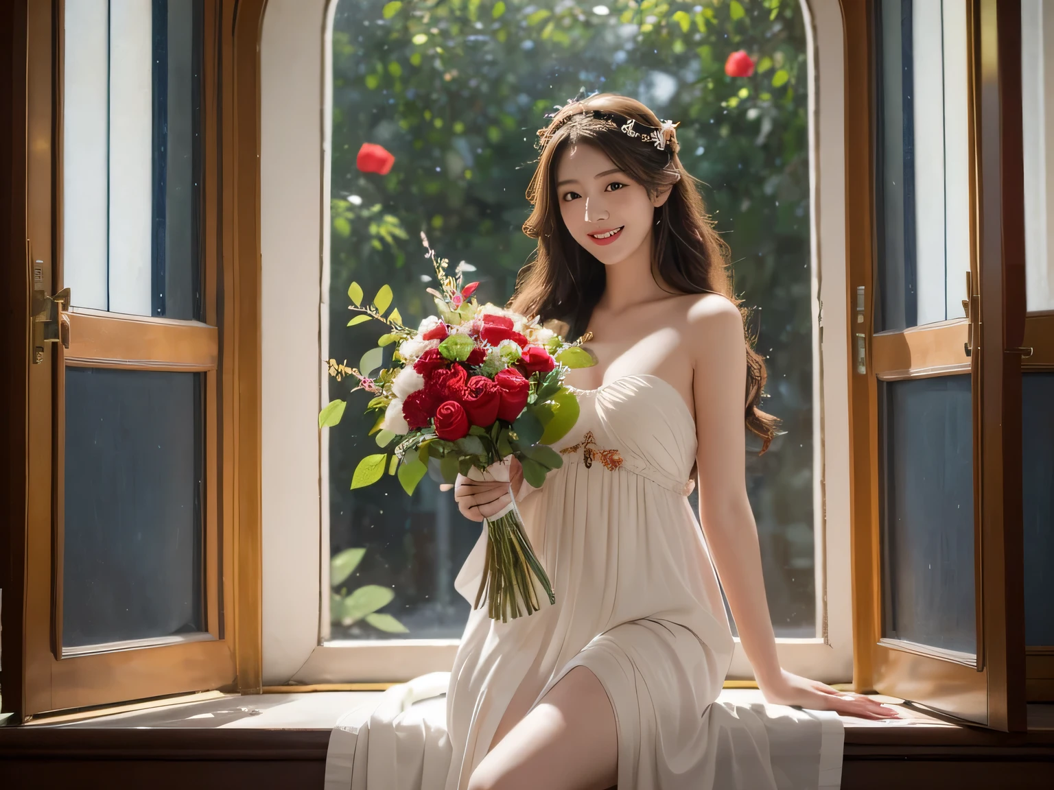 full body portrait or statue、Stained glass、Vigée Leblanc style、math、astronomical machine、astronaut、roses in vase、fruit、Cute trinkets、smile、ancient greek costume、Sandro Botticelli paintings、Costume that stretches your shoulders、A big smile、expression of ecstasy、sexy、beautiful bare skin、Detailed representation of the seducing woman throughout the body