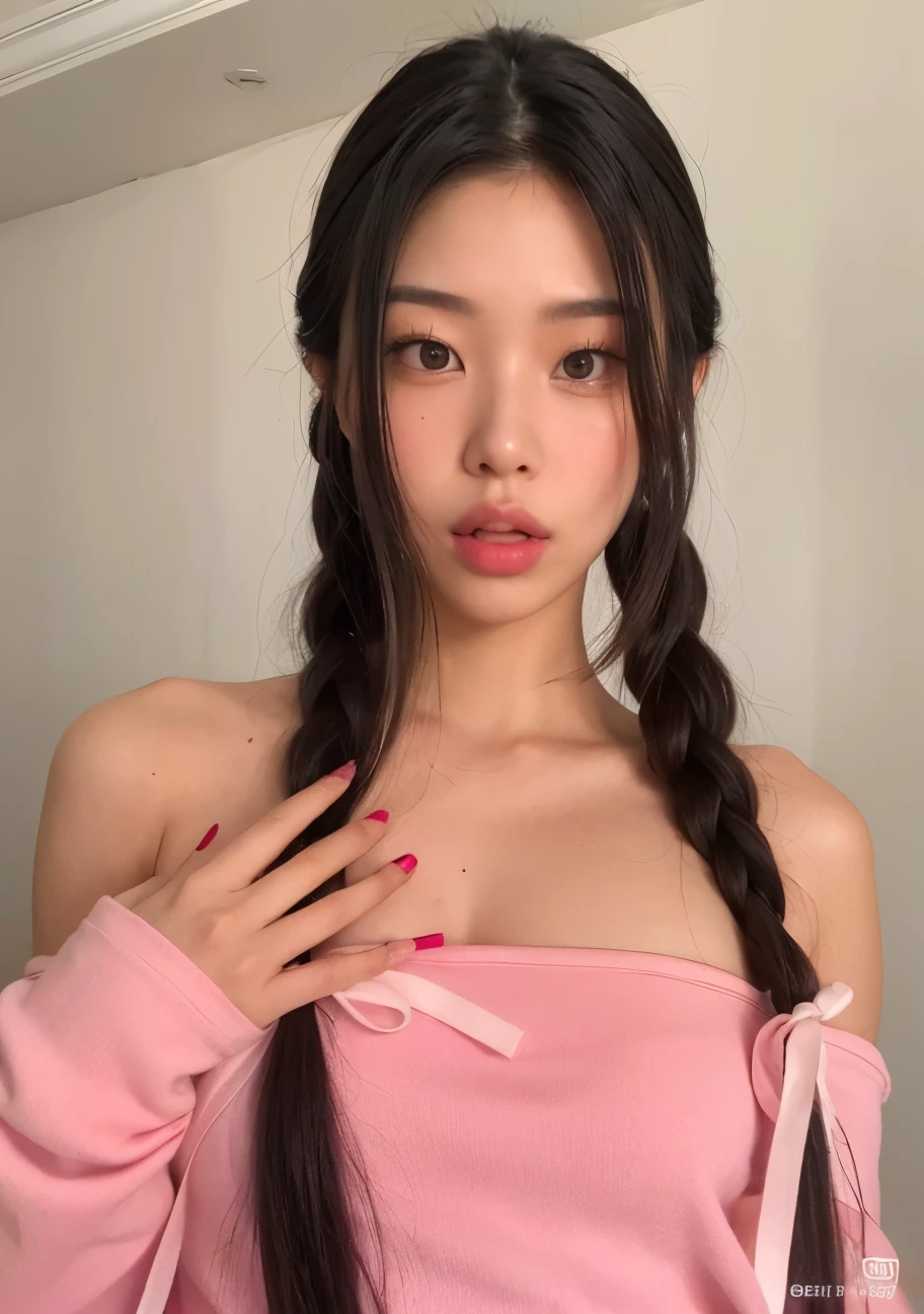 a close up of a woman with long hair wearing a pink top, belle delphine, pigtails hairstyle, beautiful asian girl, korean girl, with black pigtails, asian girl, gorgeous chinese model, beautiful south korean woman, gorgeous young korean woman, portrait sophie mudd, two pigtails hairstyle, xision wu, chinese girl, asian features