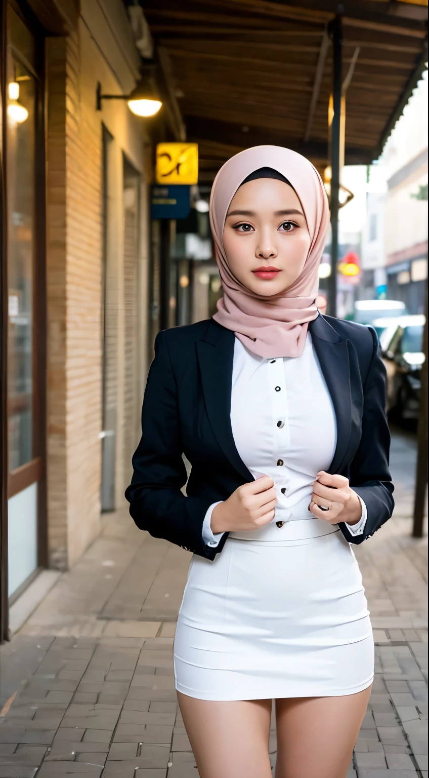 ((Best quality, 8k, Masterpiece)), Sharp focus, A pretty woman with perfect figure, ((hijabi, Big breasts)), ((body tight short skirt)), (Blazer over very thin white button up shirt), City street, Highly detailed face and skin texture, Detailed eyes, Double eyelid, stand pose