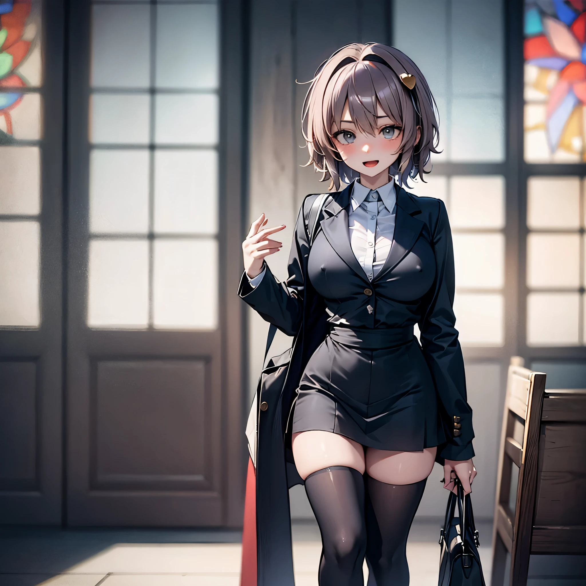 (Satori toho character:1.1), (solo), (standing), (stained glass), BREAK, short hair, (large perky breasts), (inconceivably short torso), (inconceivably thin waist:1.2), (very long legs), BREAK, (black blazer:1.3), (black thighhighs:1.35), (very short black high-waist skirt:1.3) cinches waist too tight, (highheels), BREAK, nose blush, sad smile, open mouth, BREAK, masterpiece, ultra-detailed, full body